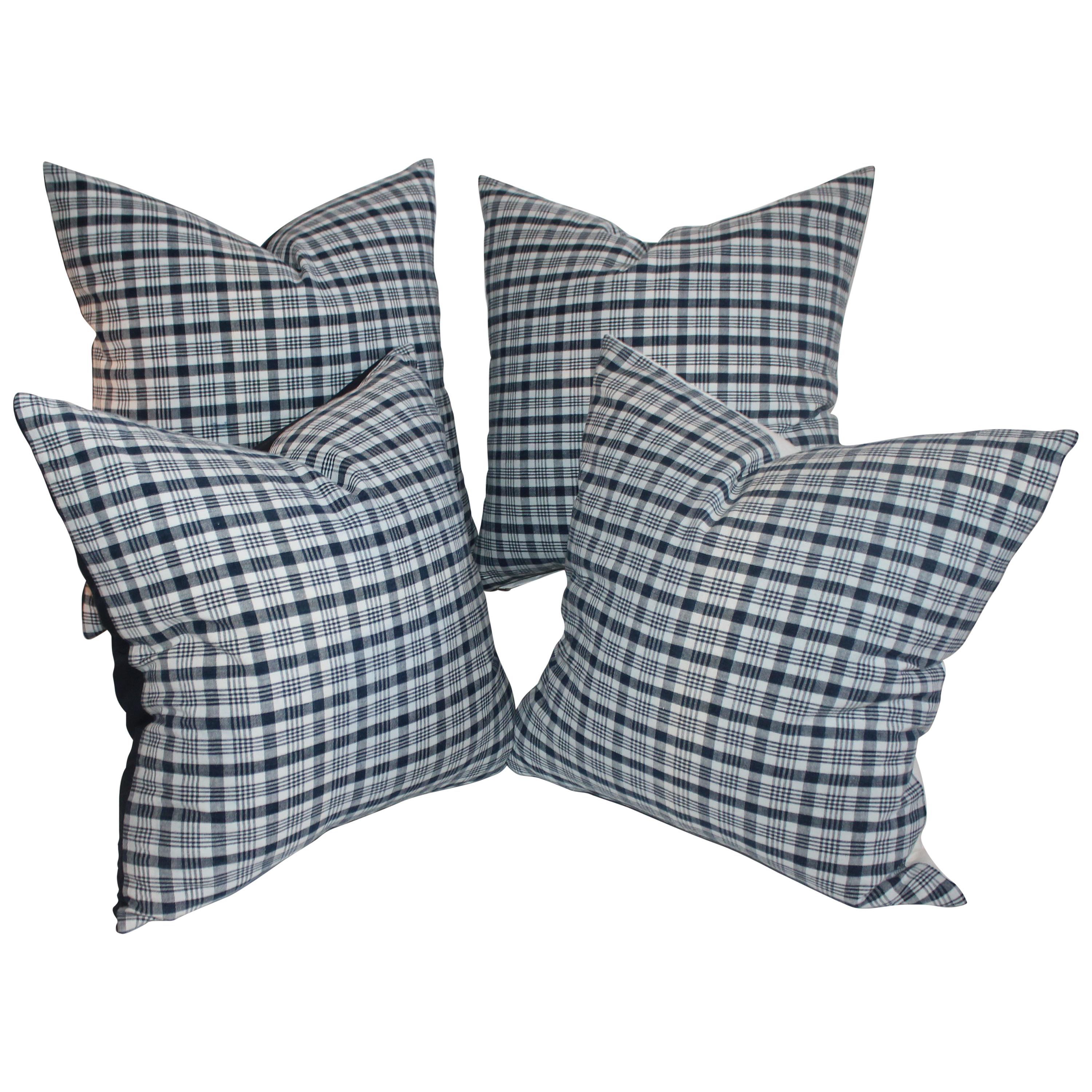 19th Century Homespun Linen Blue and White Pillows, Pair For Sale