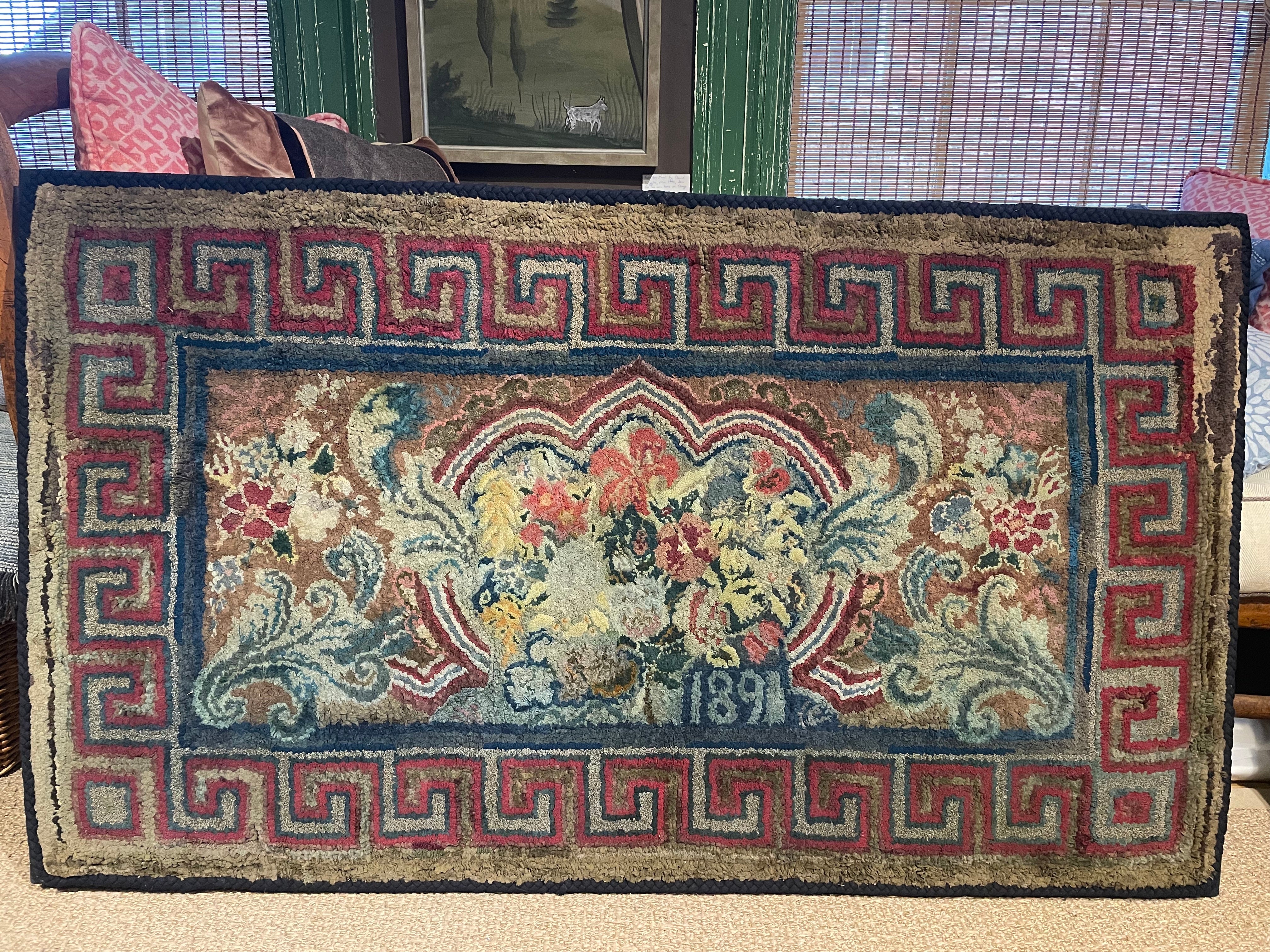 19th Century Hooked Rug with Greek Key and Flowers, Dated 1891, Mounted For Sale