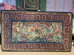 19th Century Hooked Rug with Greek Key and Flowers, Dated 1891, Mounted