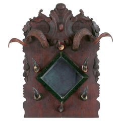 19th Century Horn and Oak Carved Wall Coat Hat Hanging Rack