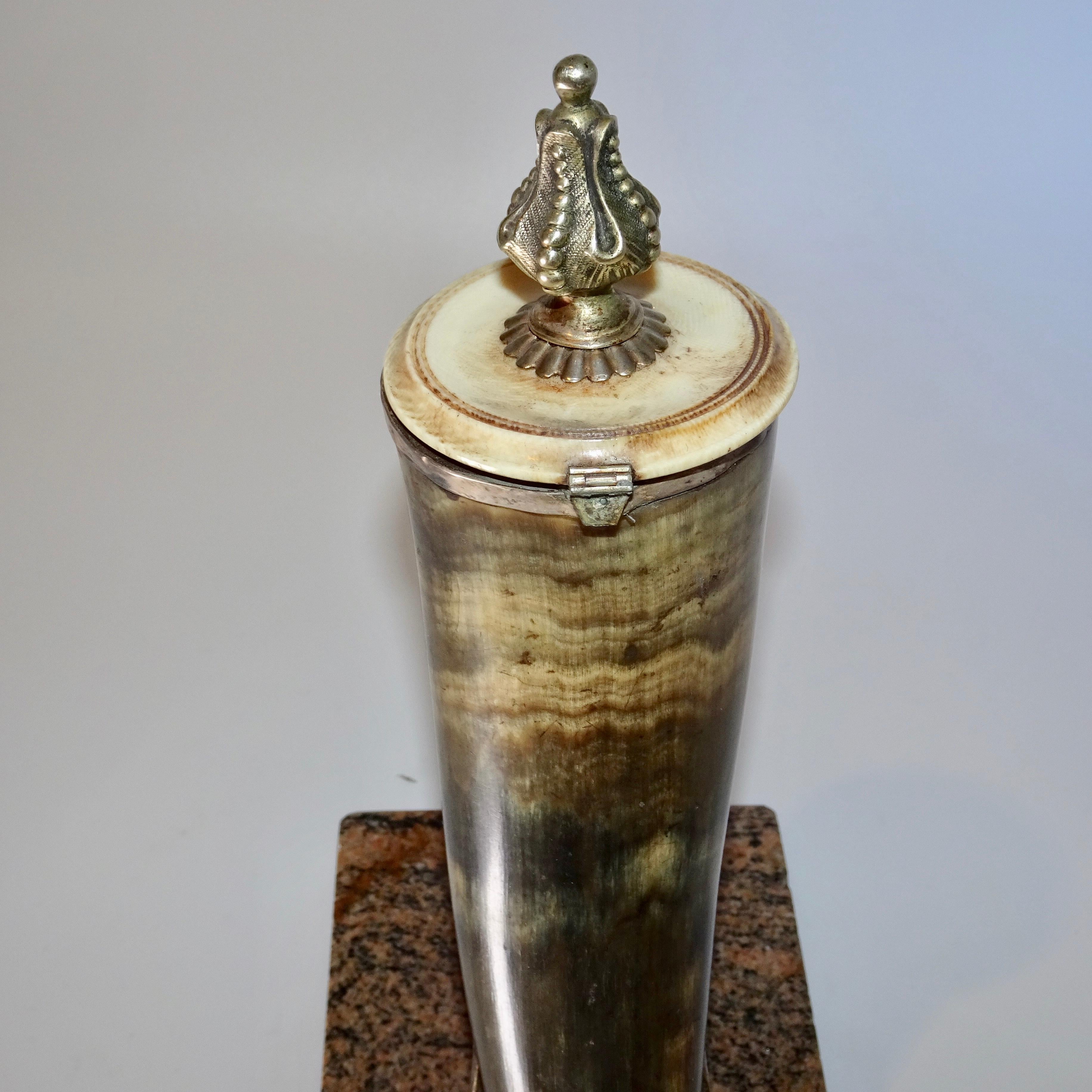 19th Century Horn and Silver Quill Holder with Unicorn Figure on Marble Base For Sale 6