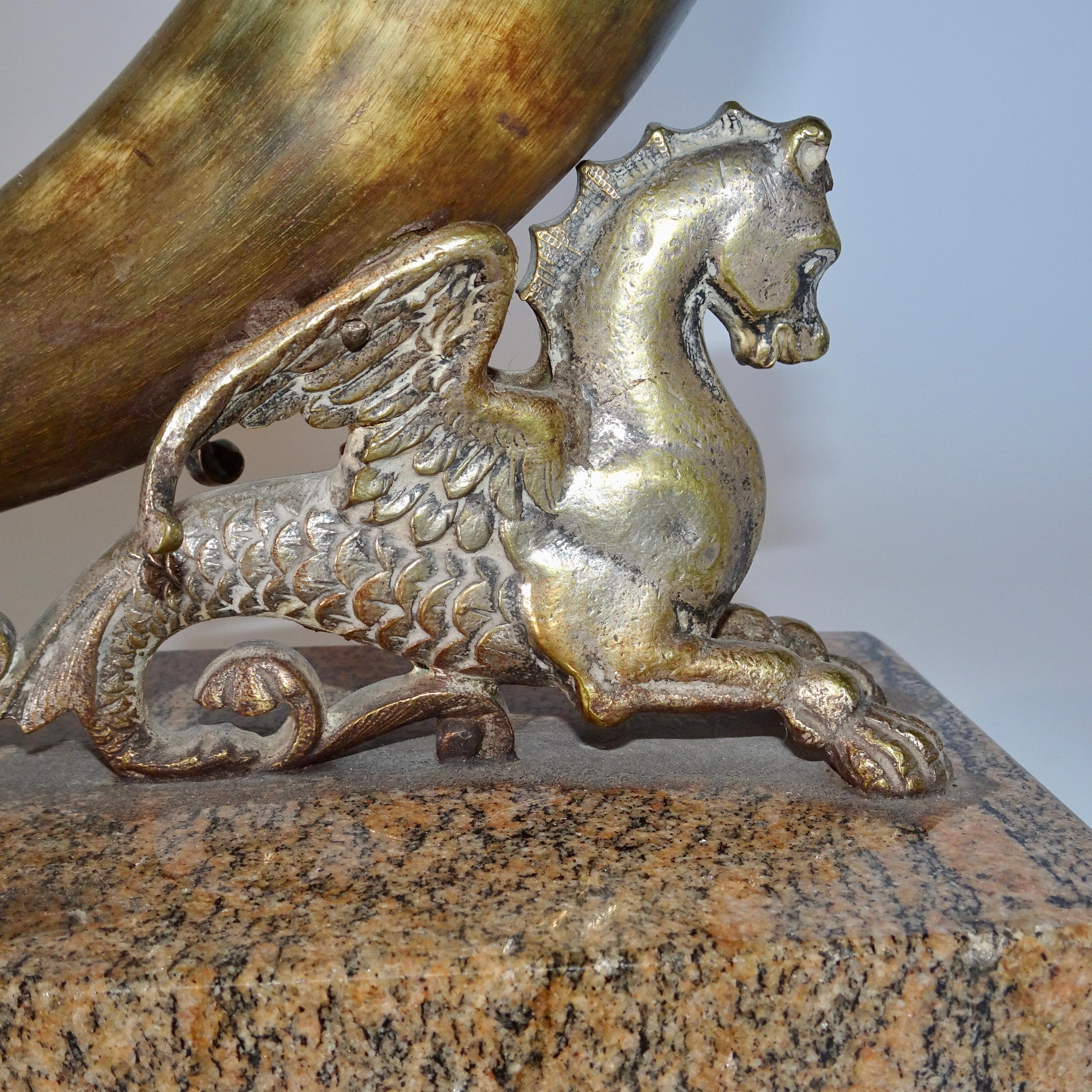 19th Century Horn and Silver Quill Holder with Unicorn Figure on Marble Base For Sale 7