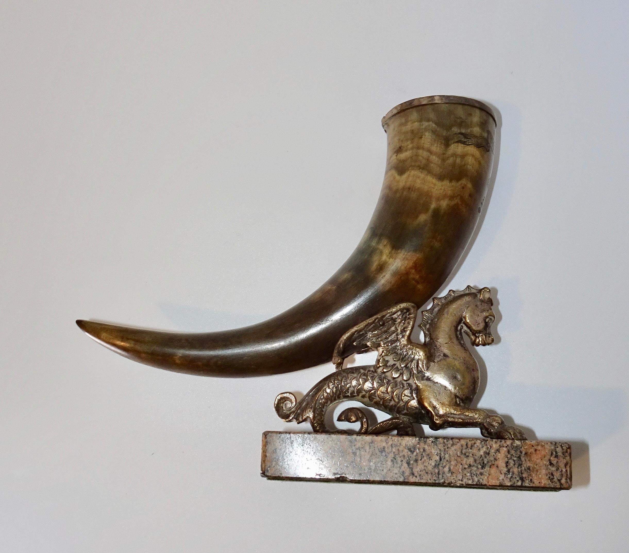 19th Century Horn and Silver Quill Holder with Unicorn Figure on Marble Base For Sale 11