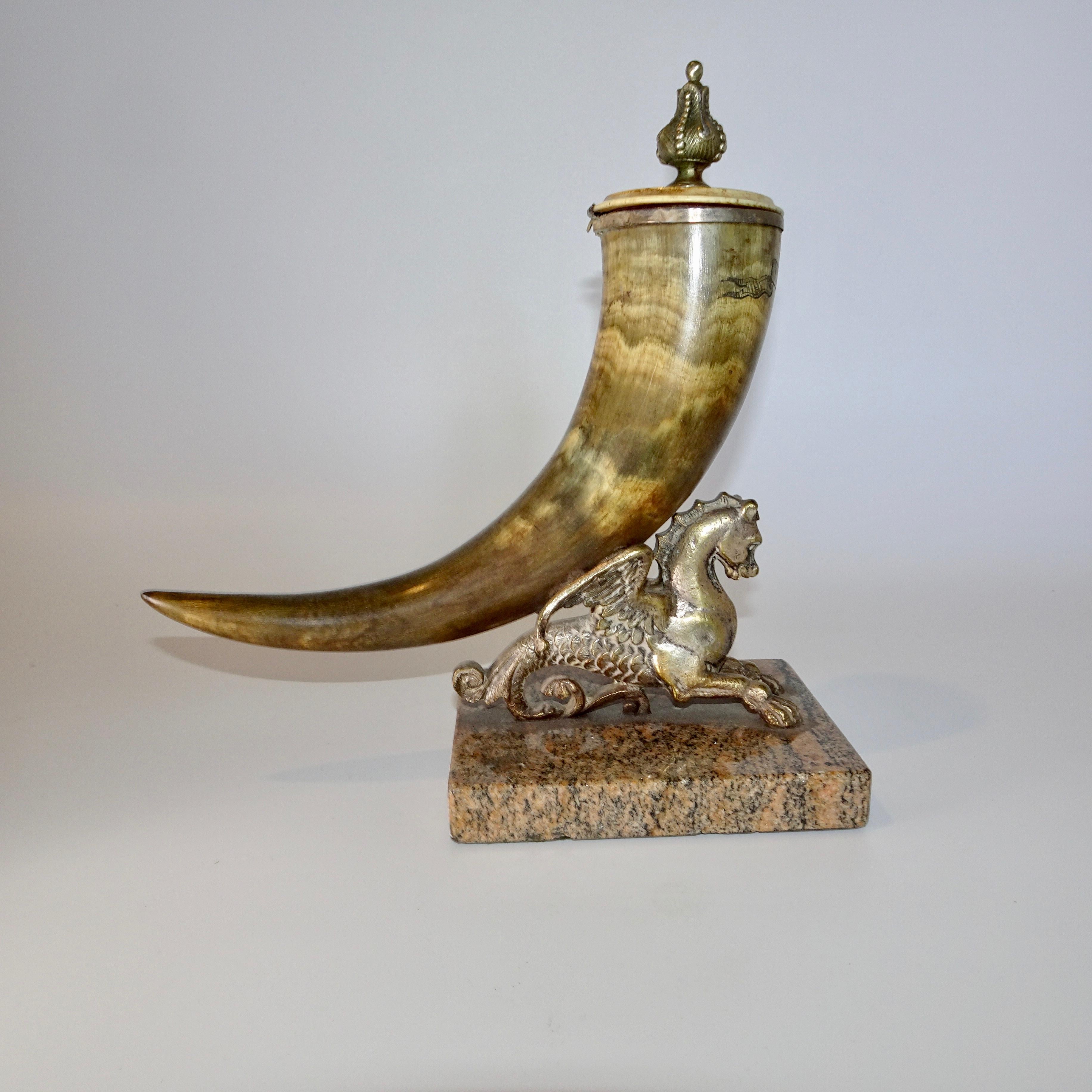 19th century horn and silver quill holder with unicorn figure on marble base.