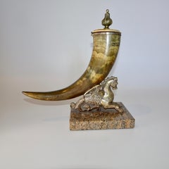 19th Century Horn and Silver Quill Holder with Unicorn Figure on Marble Base