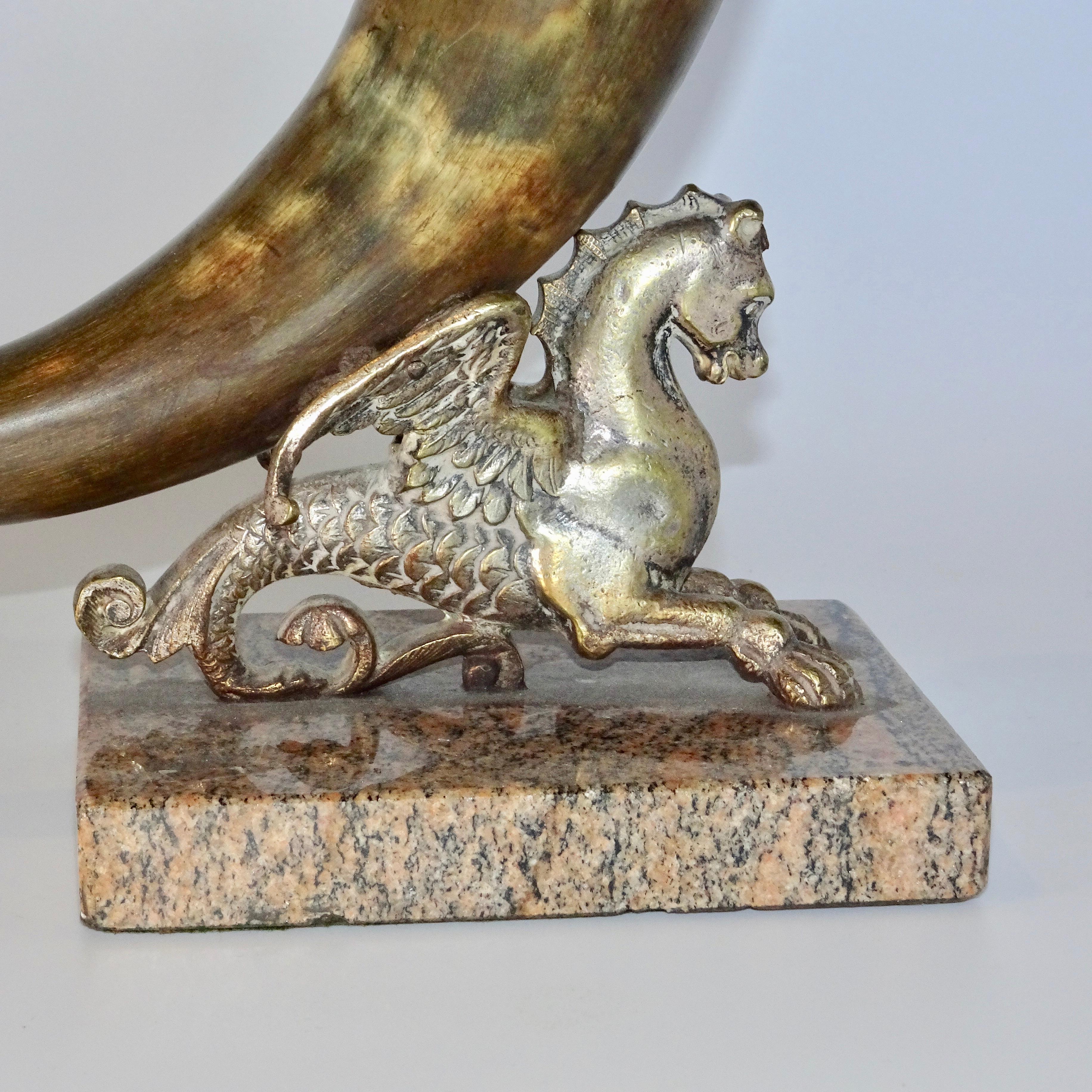 Italian 19th Century Horn and Silver Quill Holder with Unicorn Figure on Marble Base For Sale