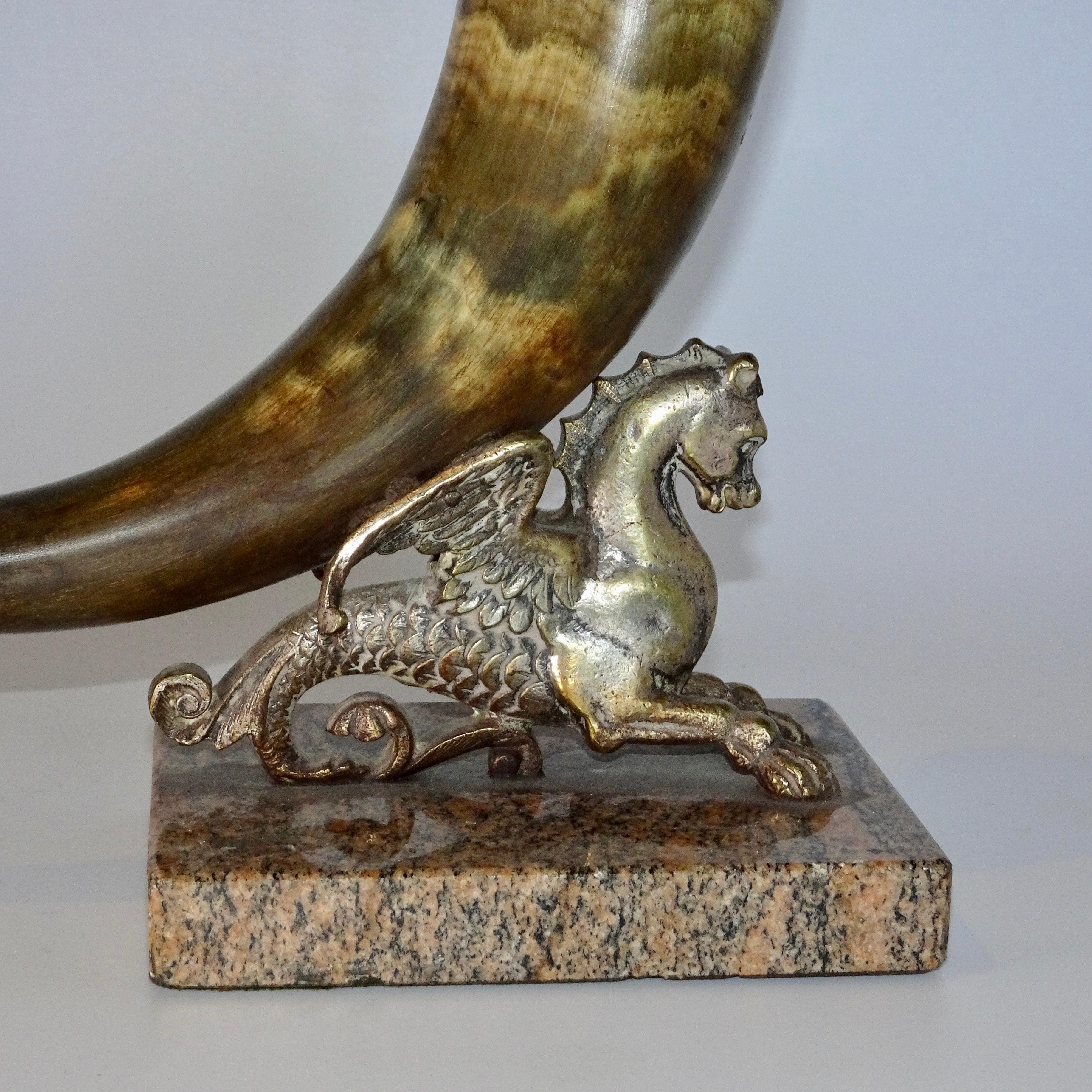 19th Century Horn and Silver Quill Holder with Unicorn Figure on Marble Base In Good Condition For Sale In Nashville, TN