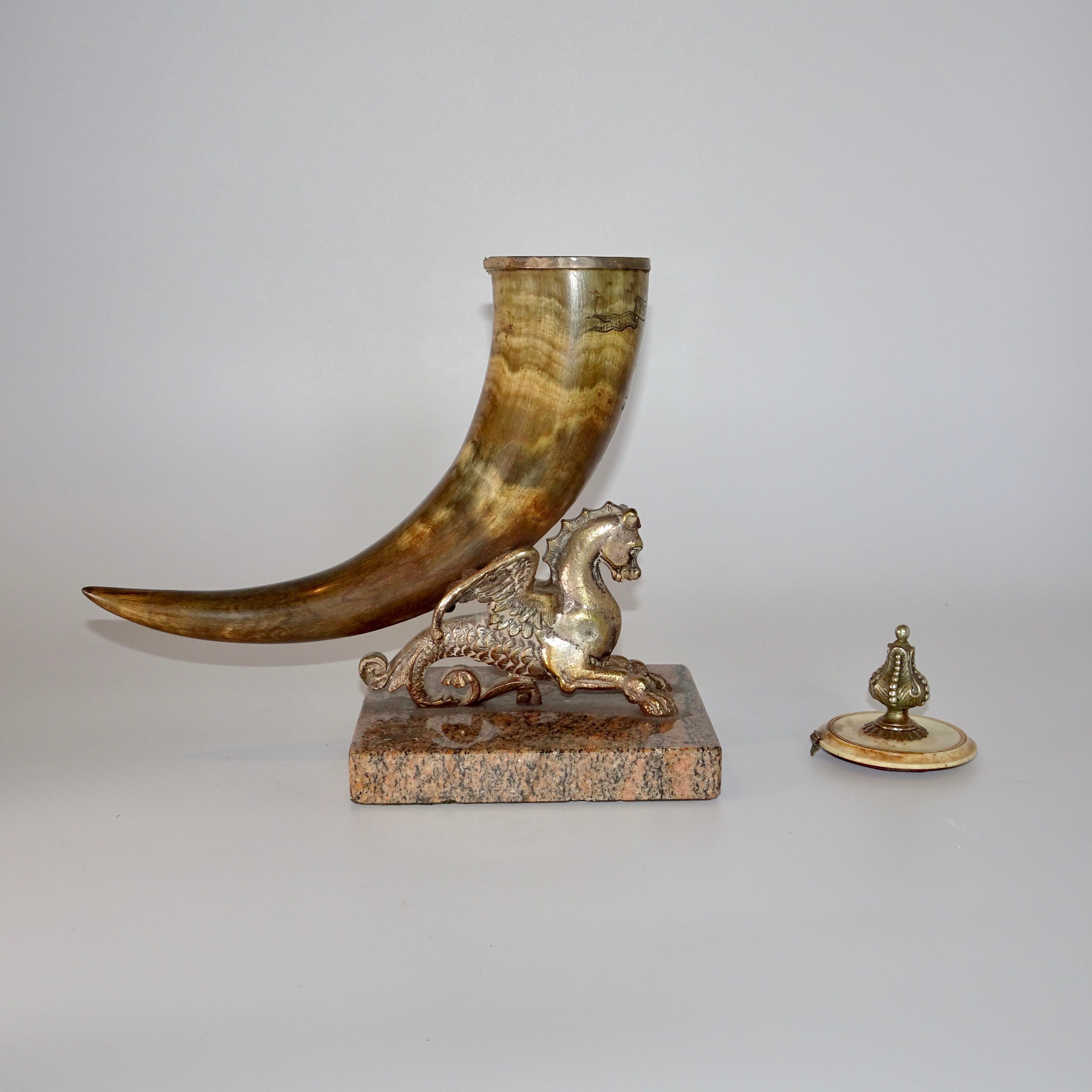 19th Century Horn and Silver Quill Holder with Unicorn Figure on Marble Base For Sale 1