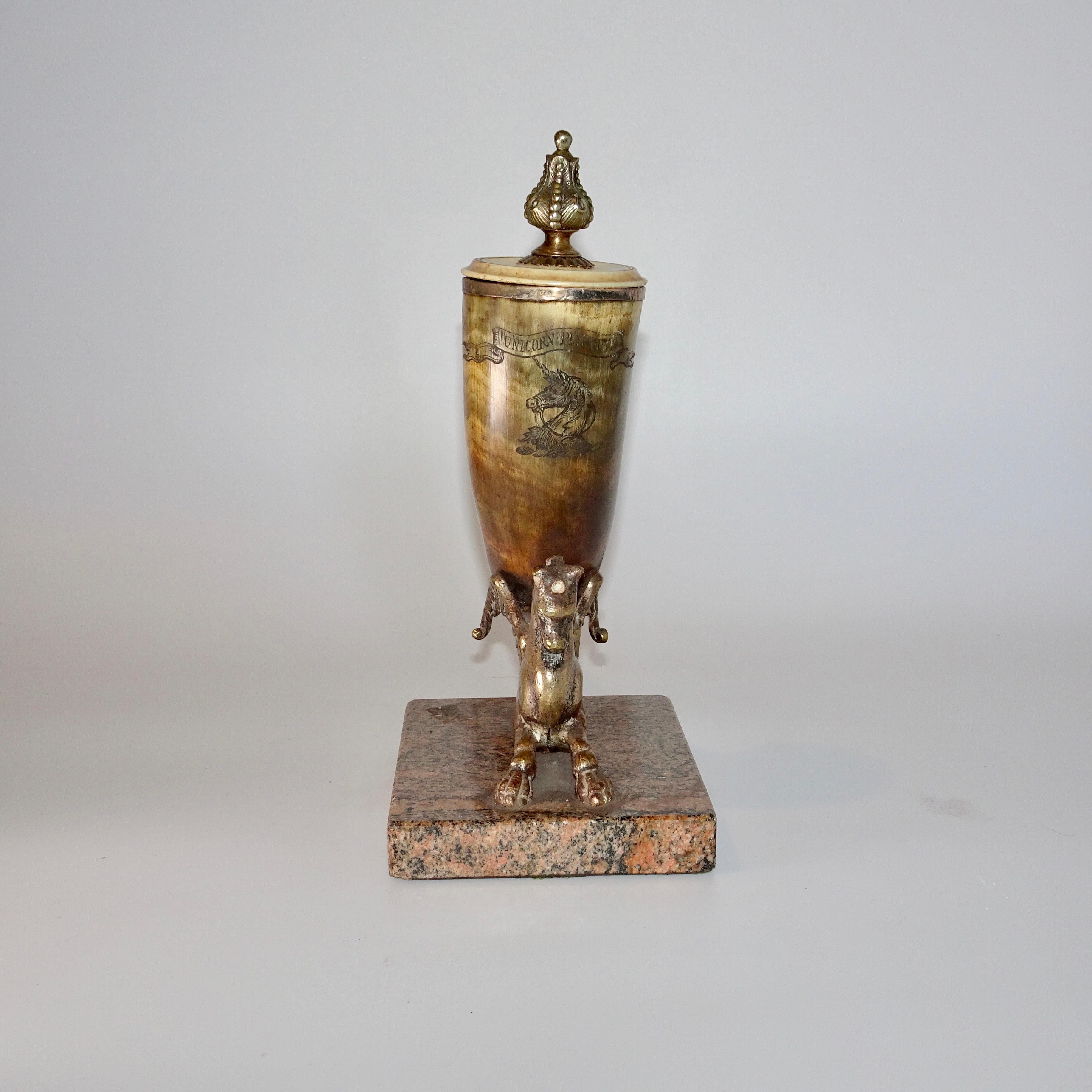 19th Century Horn and Silver Quill Holder with Unicorn Figure on Marble Base For Sale 2