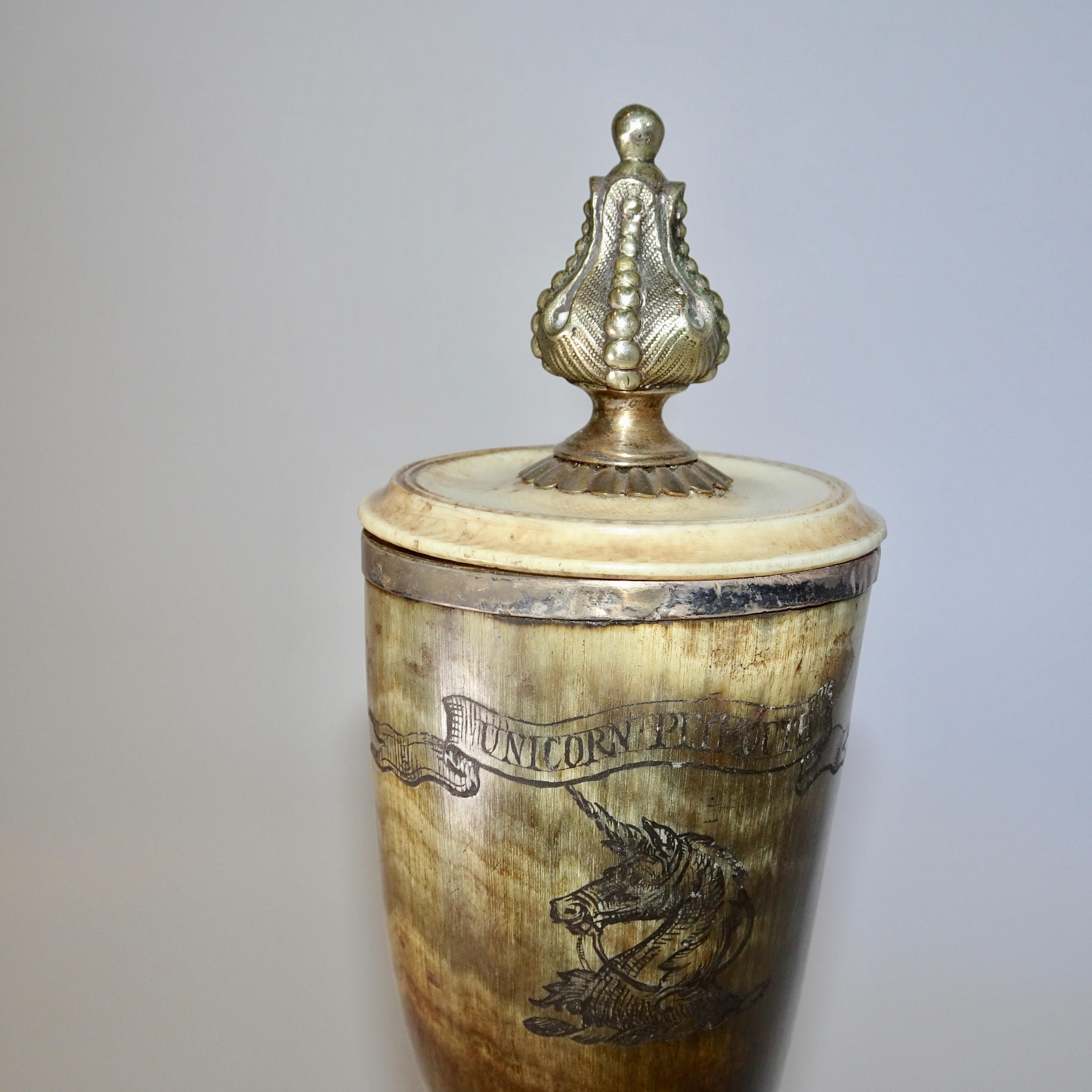 19th Century Horn and Silver Quill Holder with Unicorn Figure on Marble Base For Sale 3