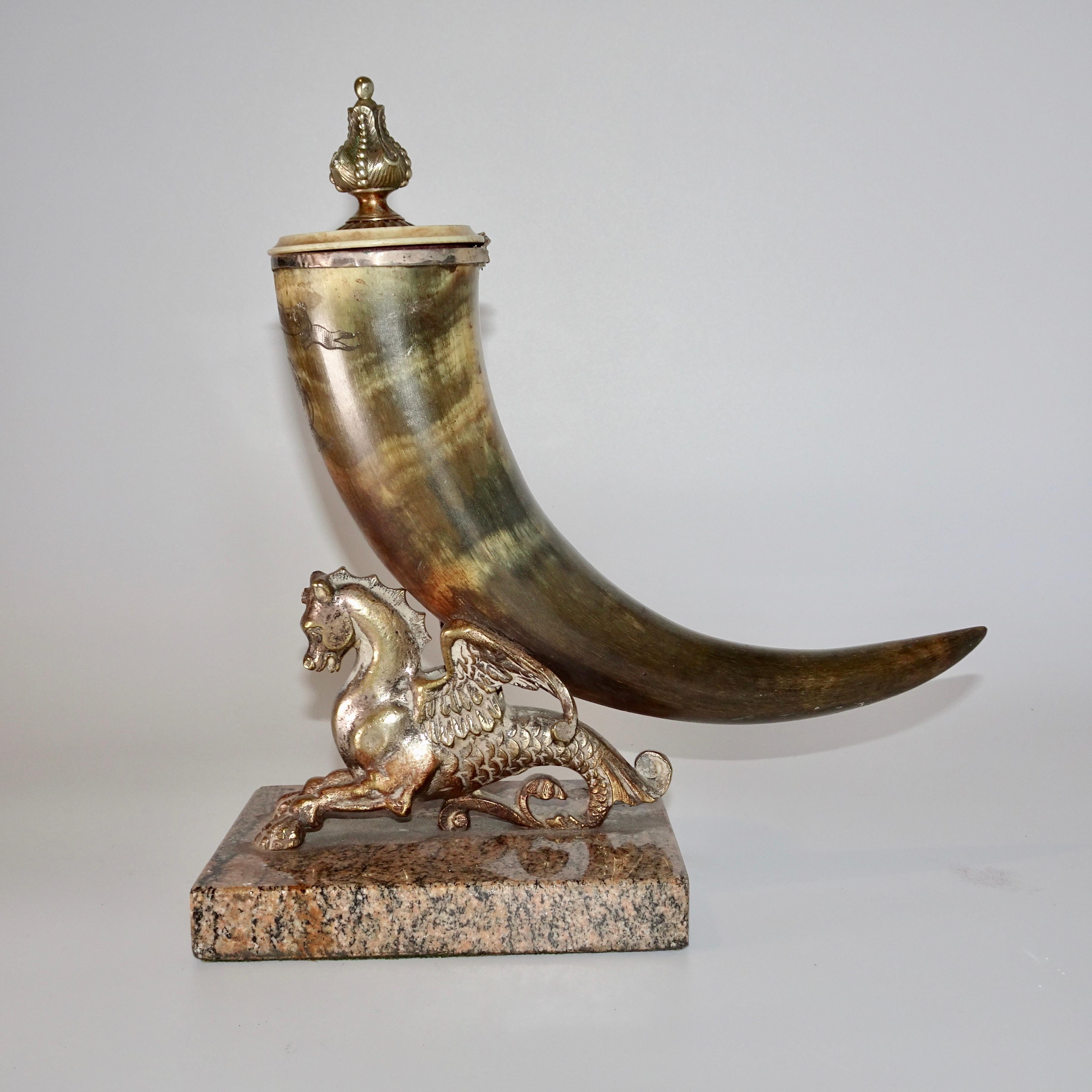19th Century Horn and Silver Quill Holder with Unicorn Figure on Marble Base For Sale 4