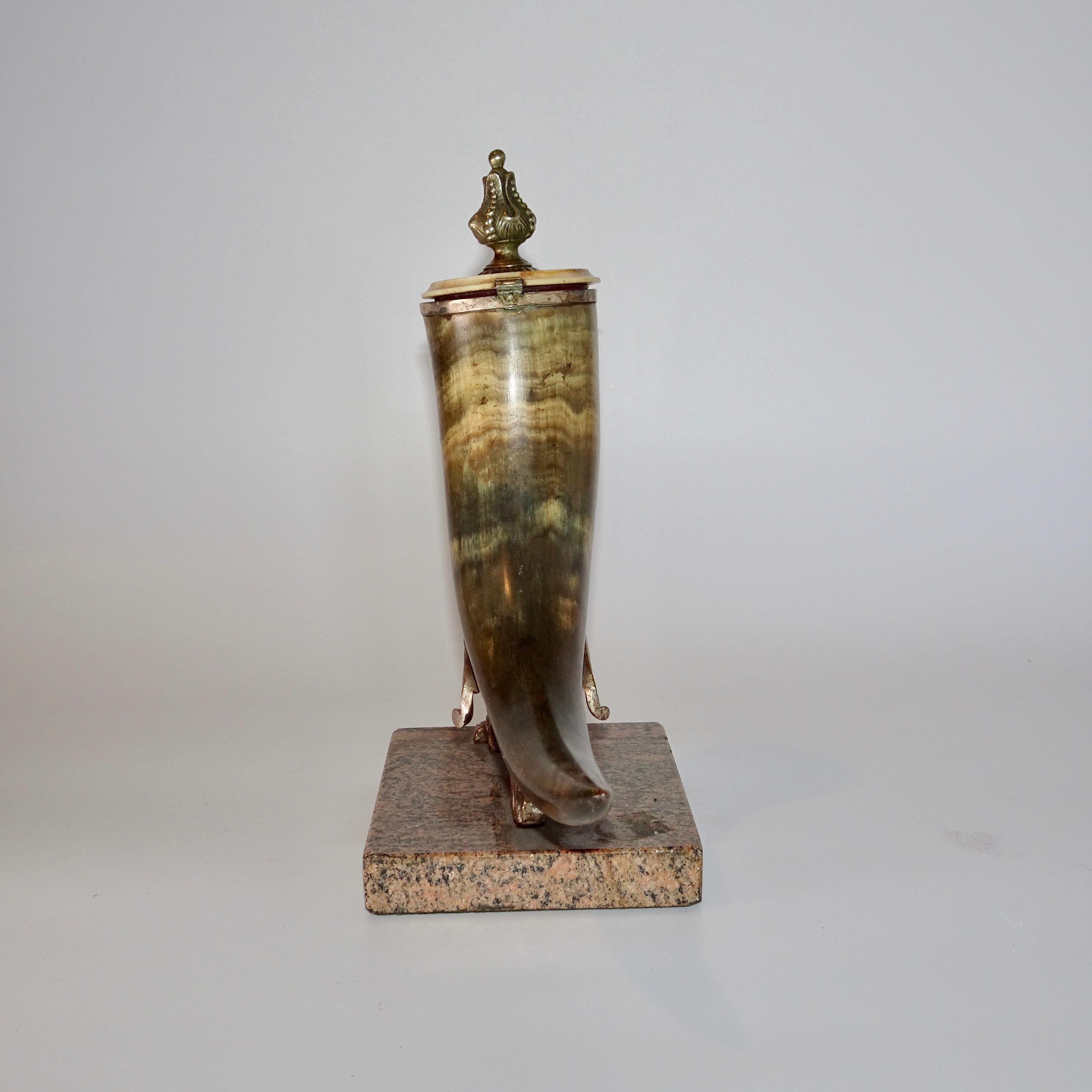 19th Century Horn and Silver Quill Holder with Unicorn Figure on Marble Base For Sale 5