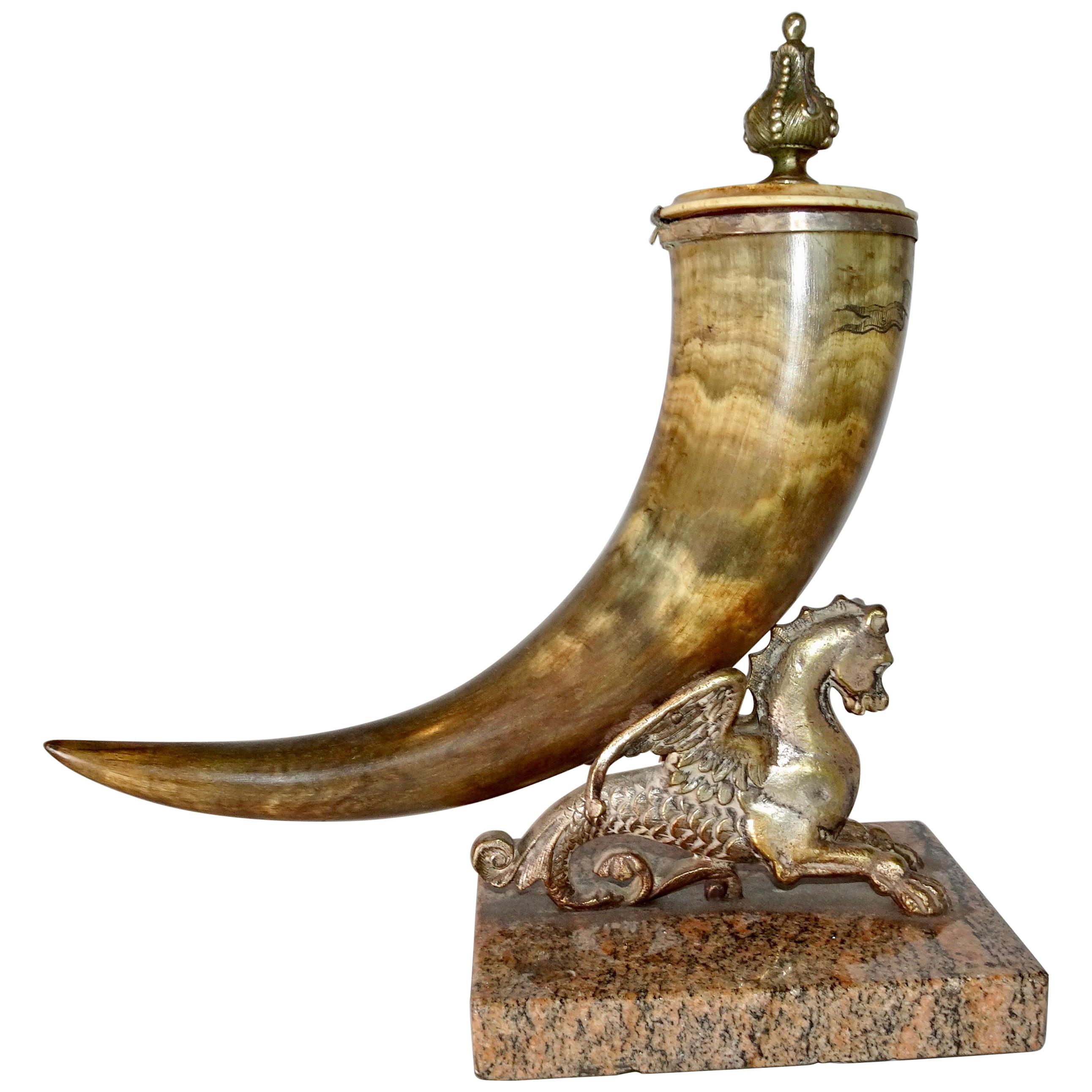 19th Century Horn and Silver Quill Holder with Unicorn Figure on Marble Base For Sale