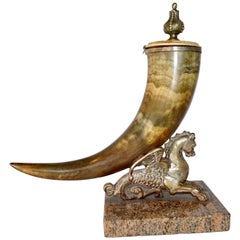 19th Century Horn and Silver Quill Holder with Unicorn Figure on Marble Base