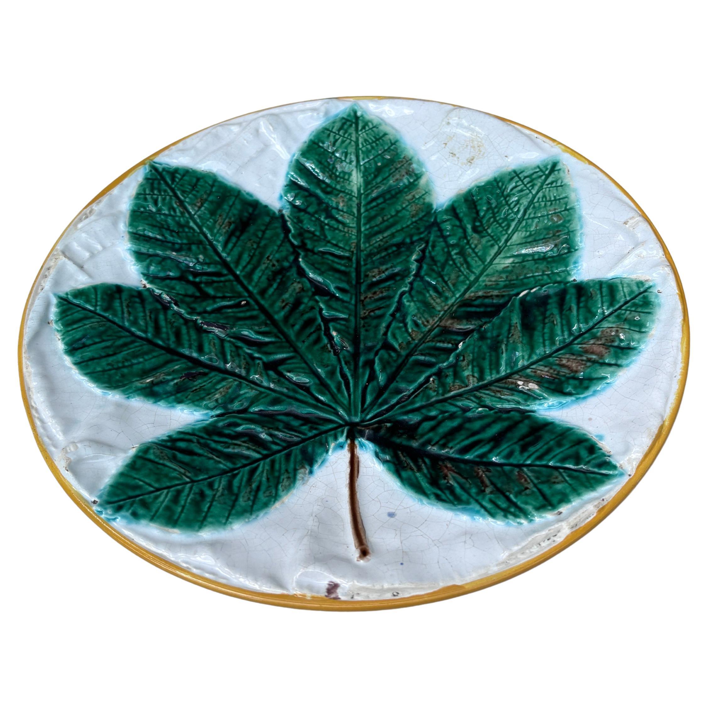 19th Century Majolica horse chestnut leaf Plate signed George Jones.
9 inches diameter.
