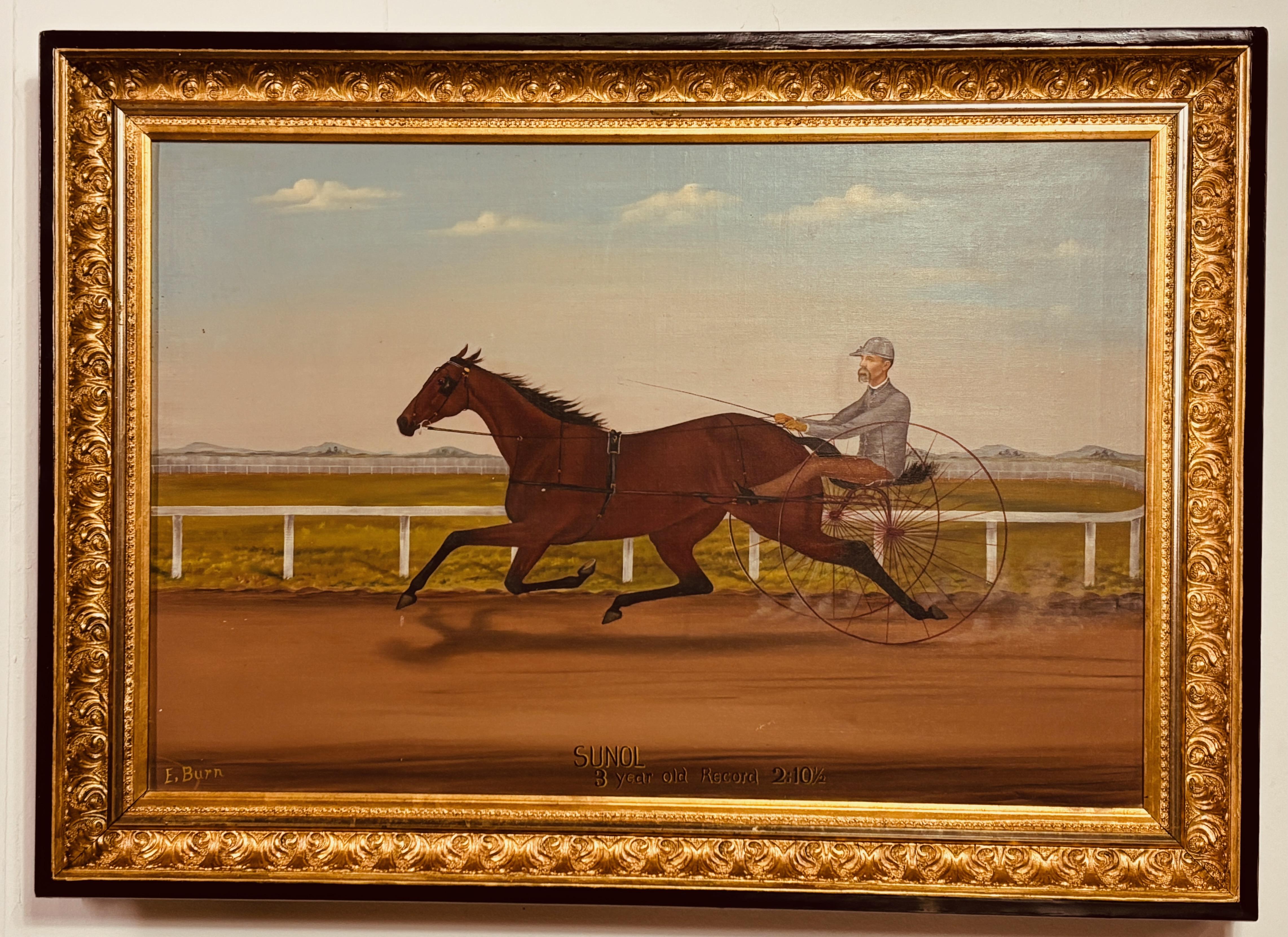 American folk art style late 19th century flat track horse race with sulky painting by California artist Edward Burn.
Oil on canvas in gilt wood frame.
Titled:
Sunol 
3 year old Record 2:10 1/2
Edward Burn (Born 1867) was active/lived in California.