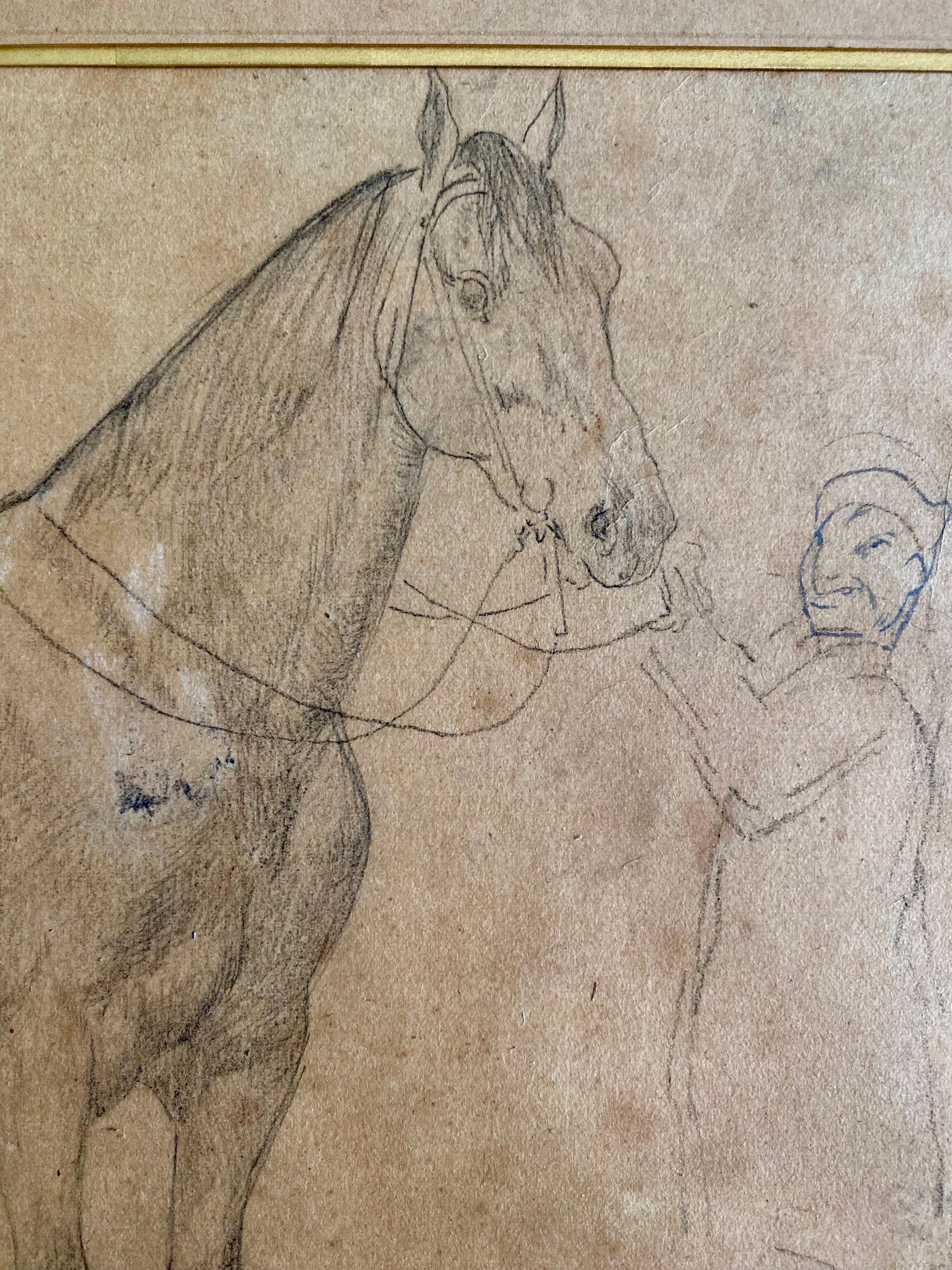 Dessin d'étude de cheval du XIXᵉ siècle, réalisée au crayon. La interpretación es fina y precisa en lo que se refiere al dibujo del caballo, tanto en el plano anatómico como en la captura de la actitud. El dibujo muestra un dominio de la proporción