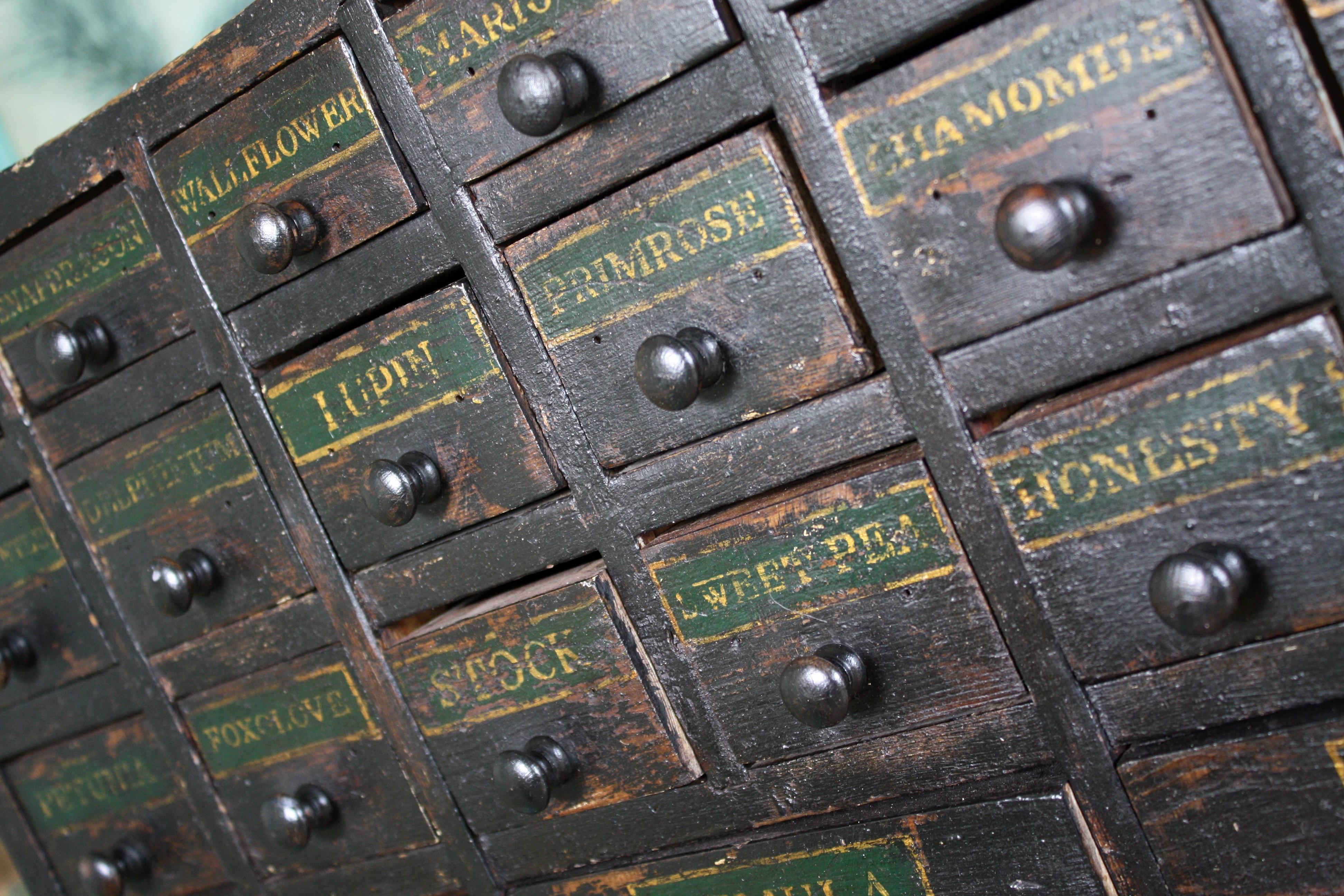 A charming bank of seed drawers that once would off been housed in a horticulturist shop to dispense seeds to customers. 

Pine in construction with original hand painted green and gold labels and turned wooden handles, wear is consistence with