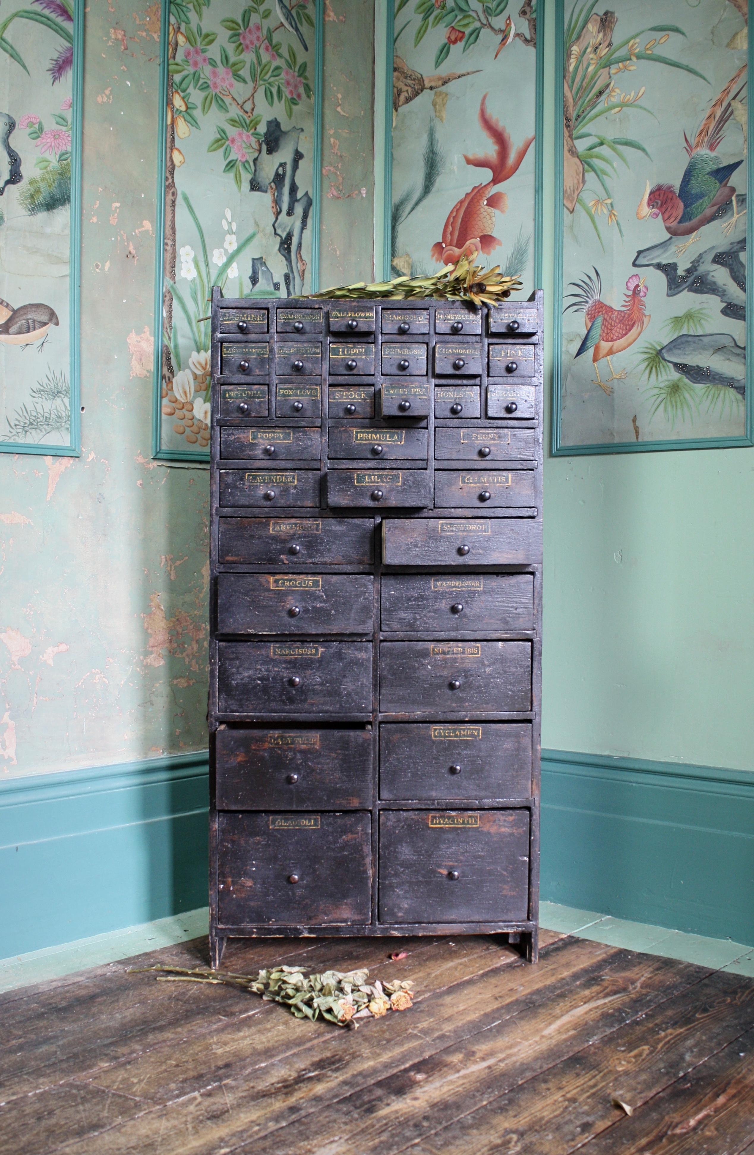 Pine 19th Century Horticulturalist Merchants Bank of Seed Shop Drawers