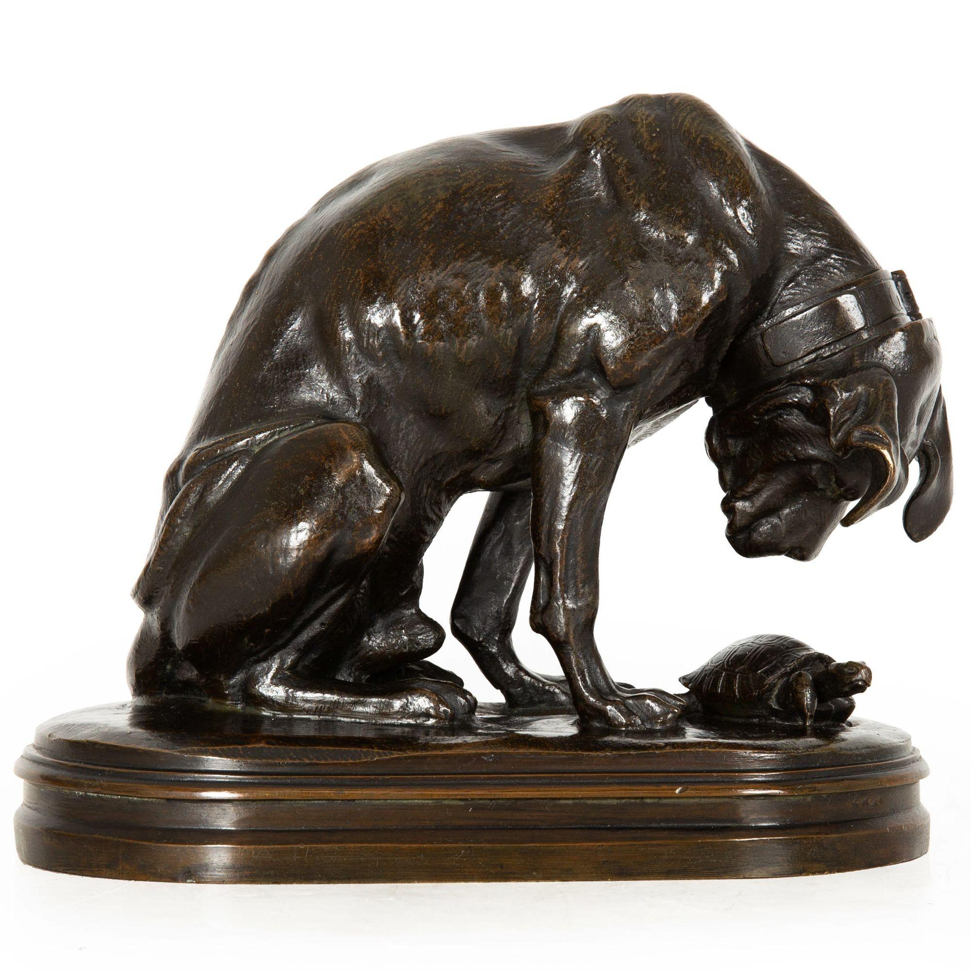 Français Sculpture en bronze du 19e siècle représentant un chien et une tortue, par Alfred Jacquemart en vente