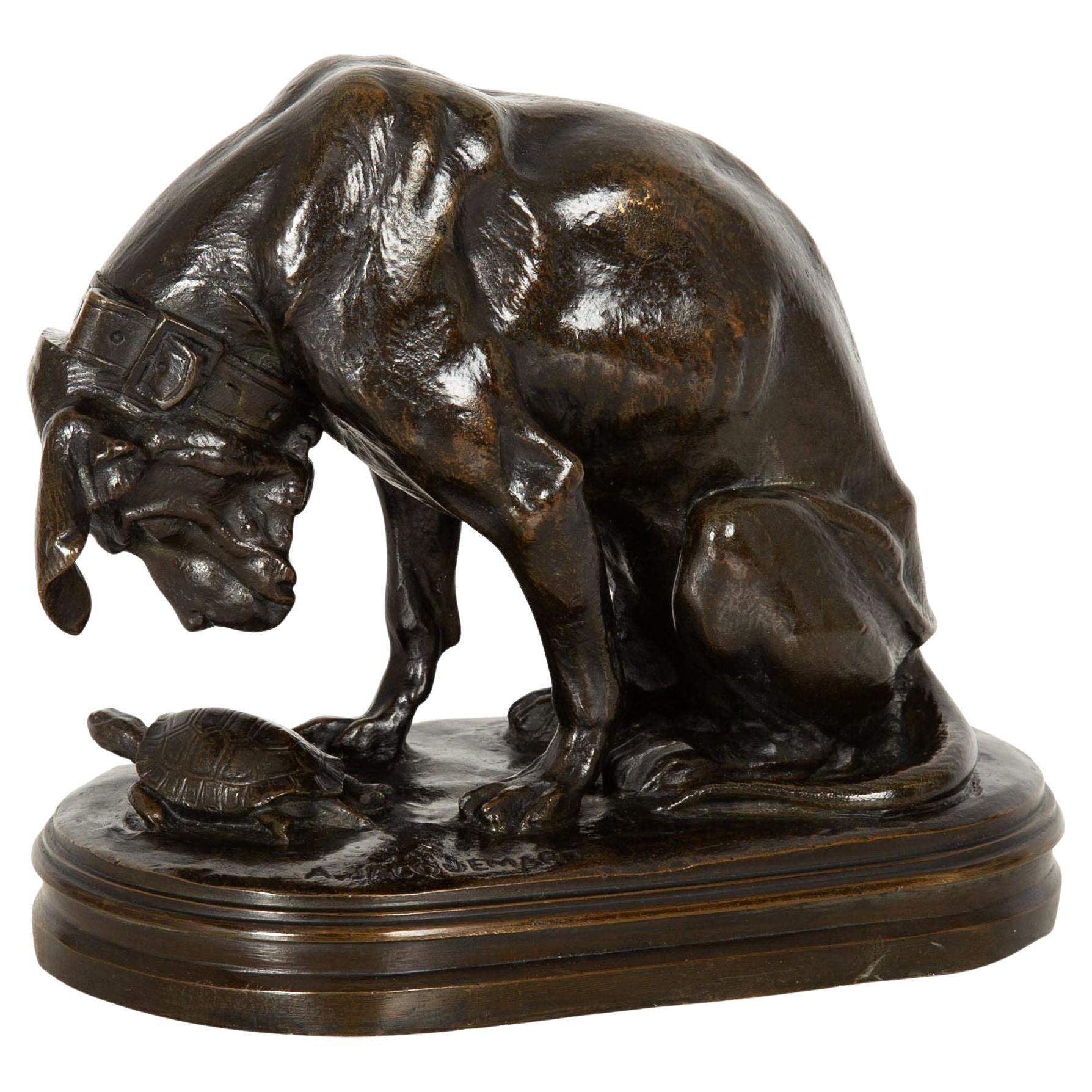 19th Century “Hound and Tortoise” Bronze Sculpture by Alfred Jacquemart