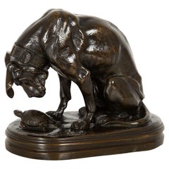 Scultura in bronzo del XIX secolo "Cane e tartaruga" di Alfred Jacquemart