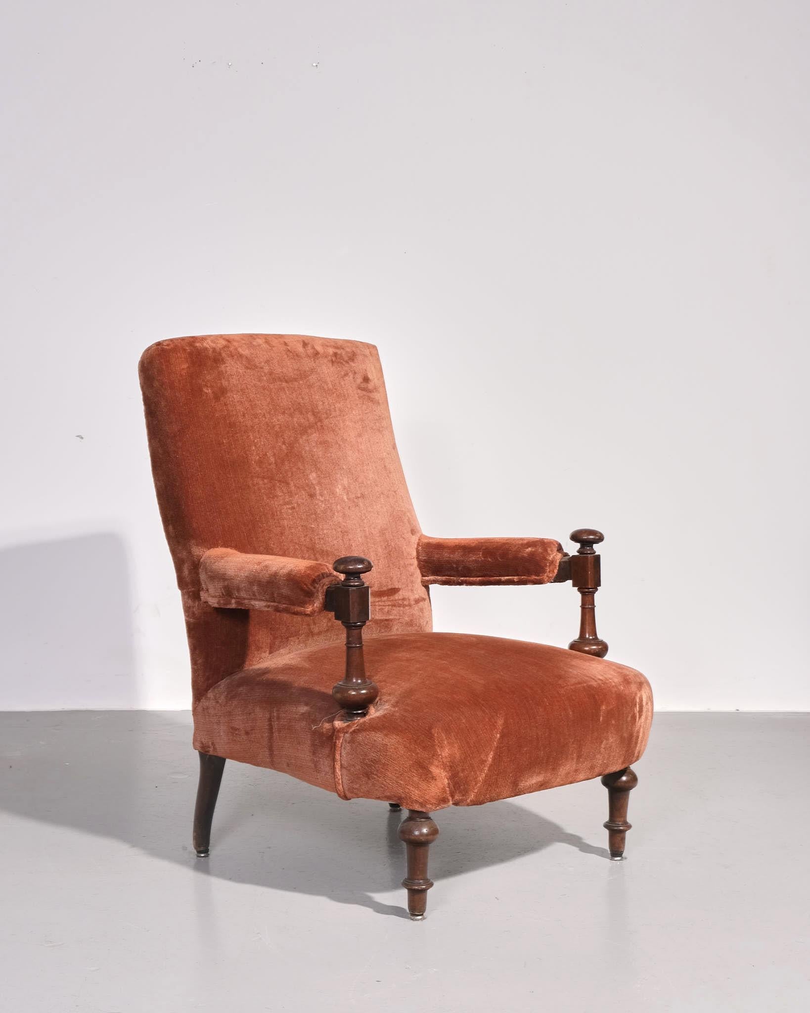 Victorien Fauteuil ouvert de style Howard du 19e siècle - retapissé en velours en vente