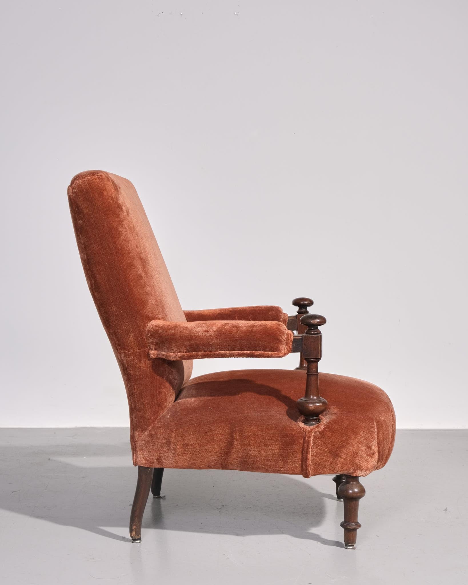 Anglais Fauteuil ouvert de style Howard du 19e siècle - retapissé en velours en vente