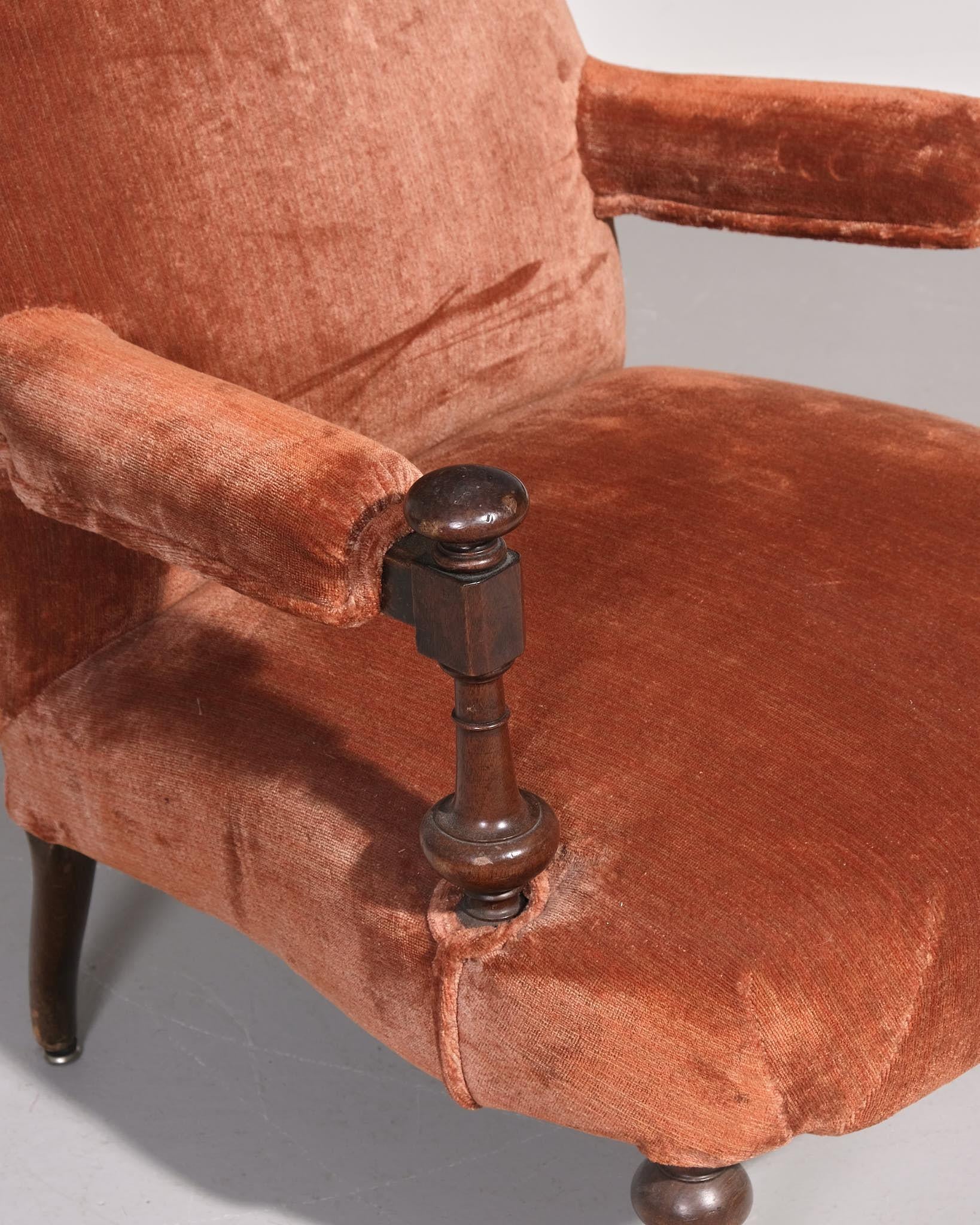 Fauteuil ouvert de style Howard du 19e siècle - retapissé en velours en vente 1