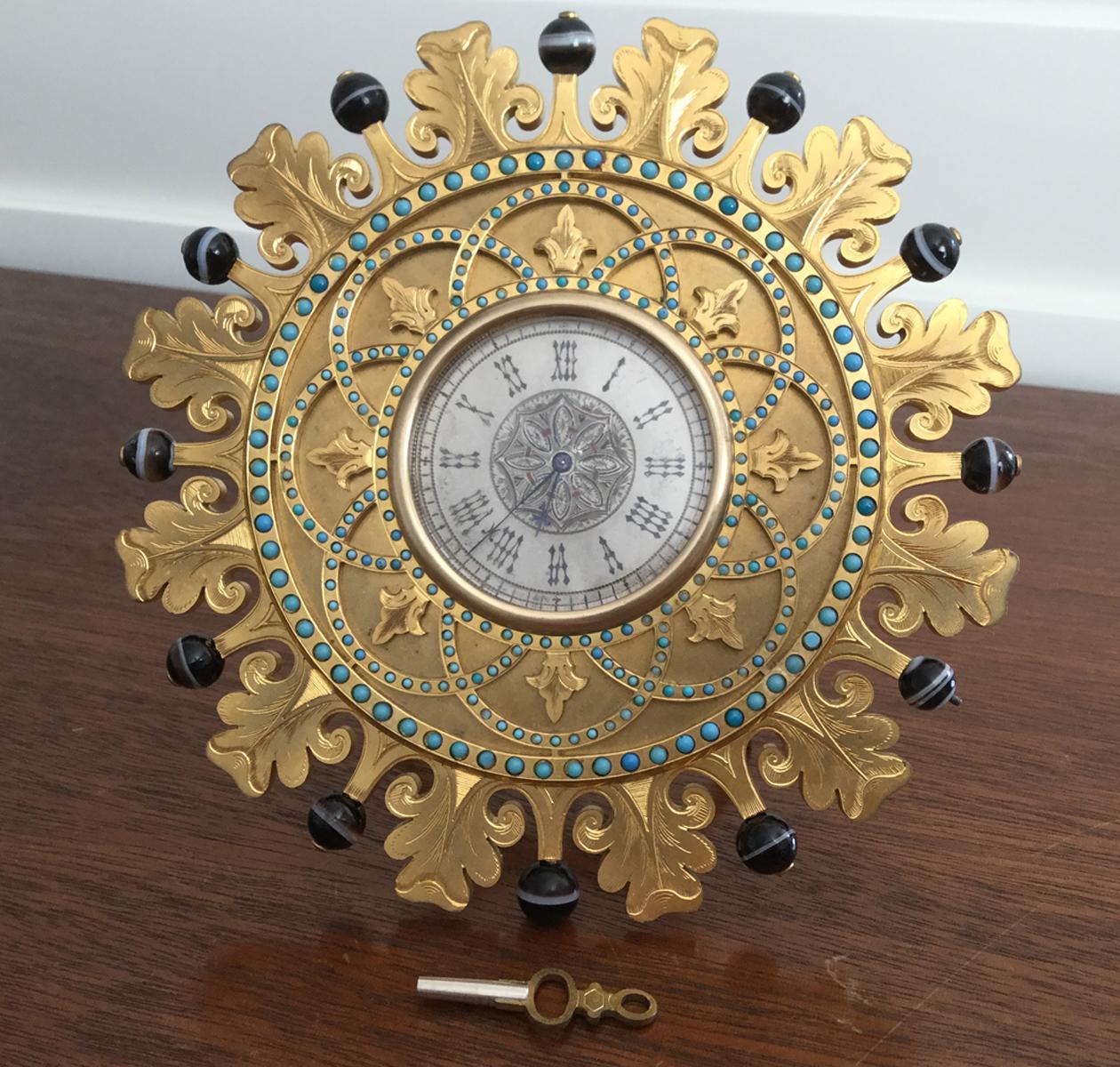 English 19th Century Howell James Gilt Bronze Jeweled Strut Clock, Leather Case