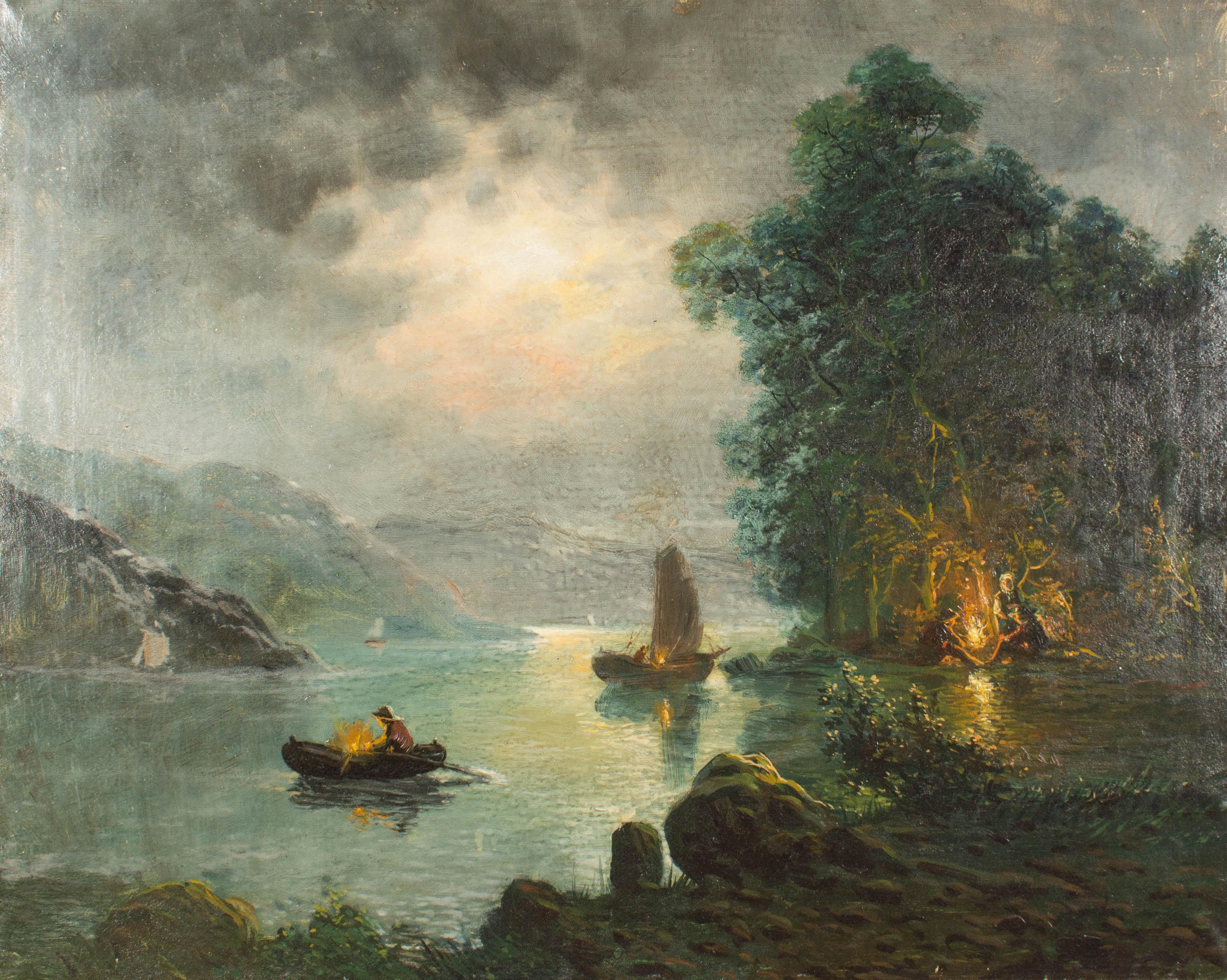 A large scale 19th century Hudson River School landscape painting depicting people fishing on a moonlit lake. Unsigned. Original giltwood and gesso frame is in good condition with minor repair and touch-ups to gilt. Artist unknown, but similar in