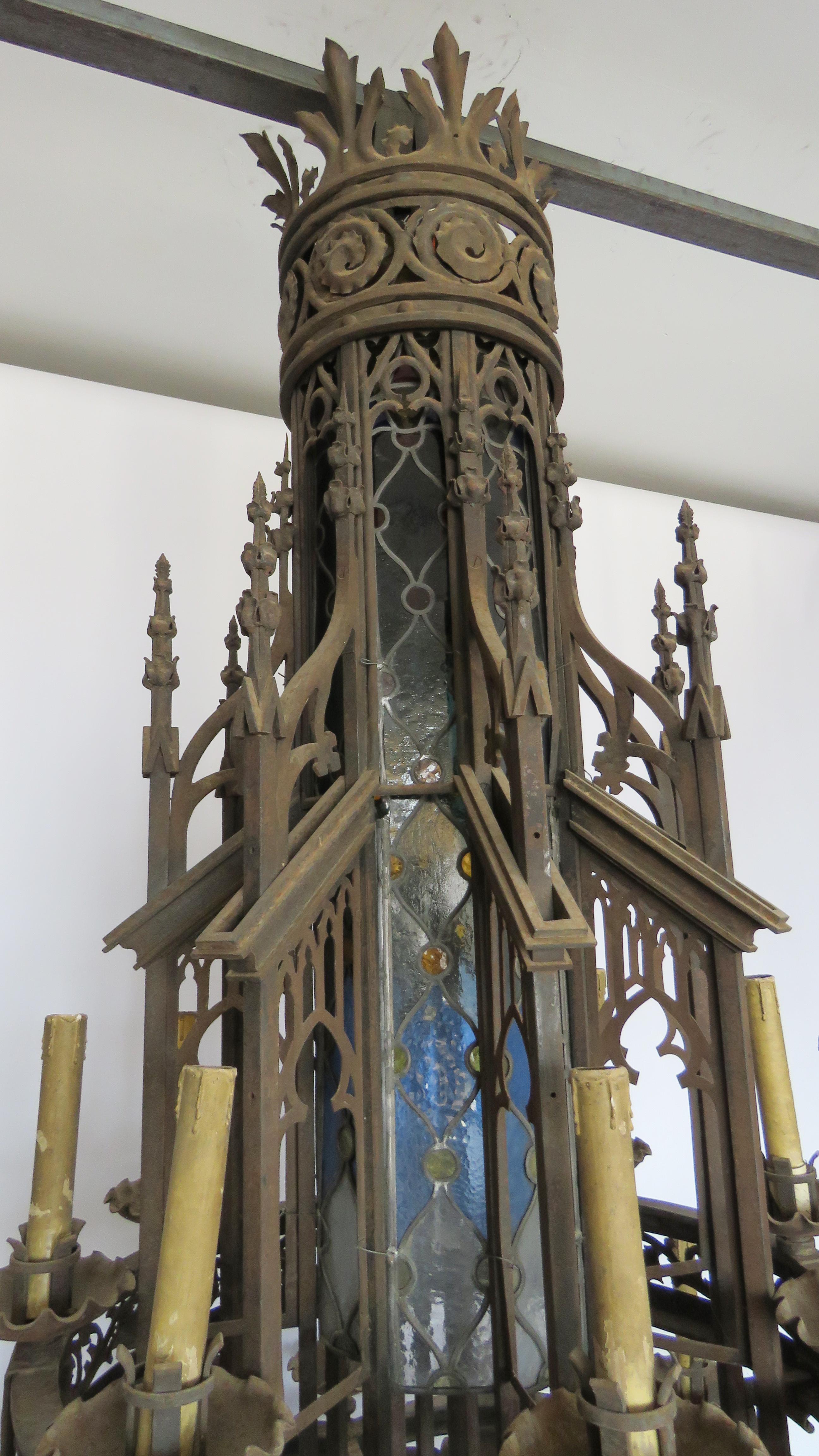 Hammered 19th Century Huge Gothic Iron Chandelier For Sale