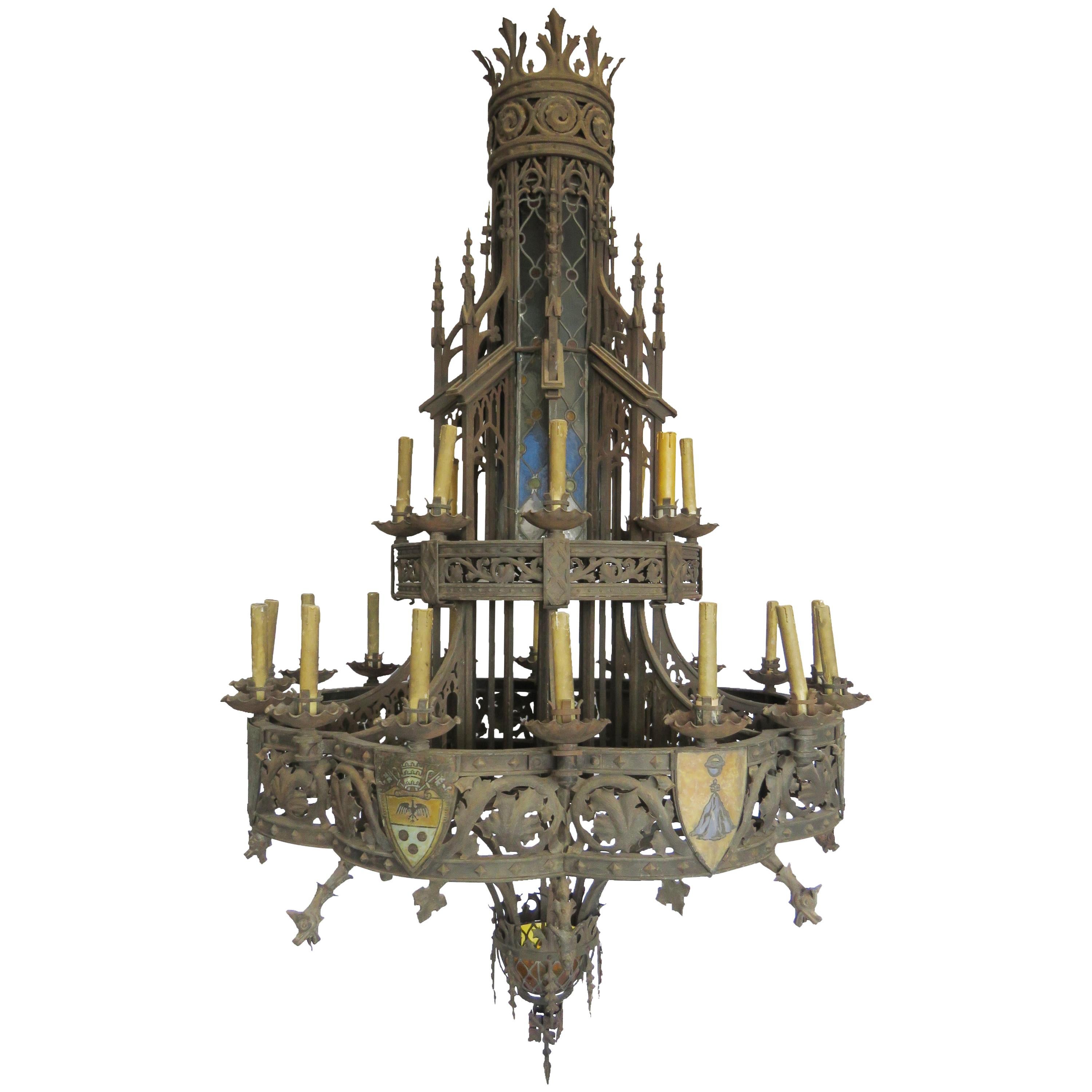 19th Century Huge Gothic Iron Chandelier For Sale