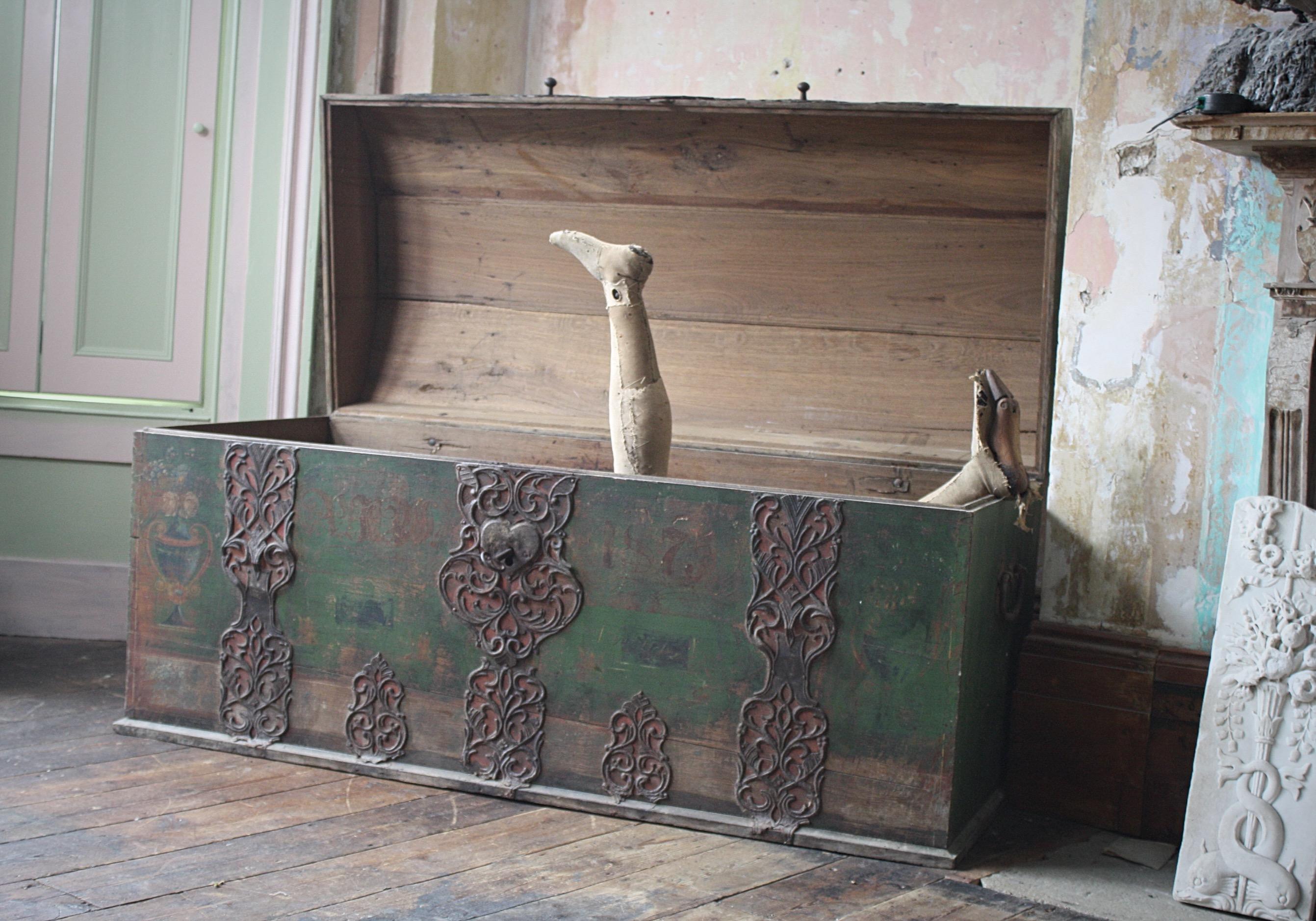19th Century Huge Italian Domed Green Marriage Chest Trunk Ironwork 14