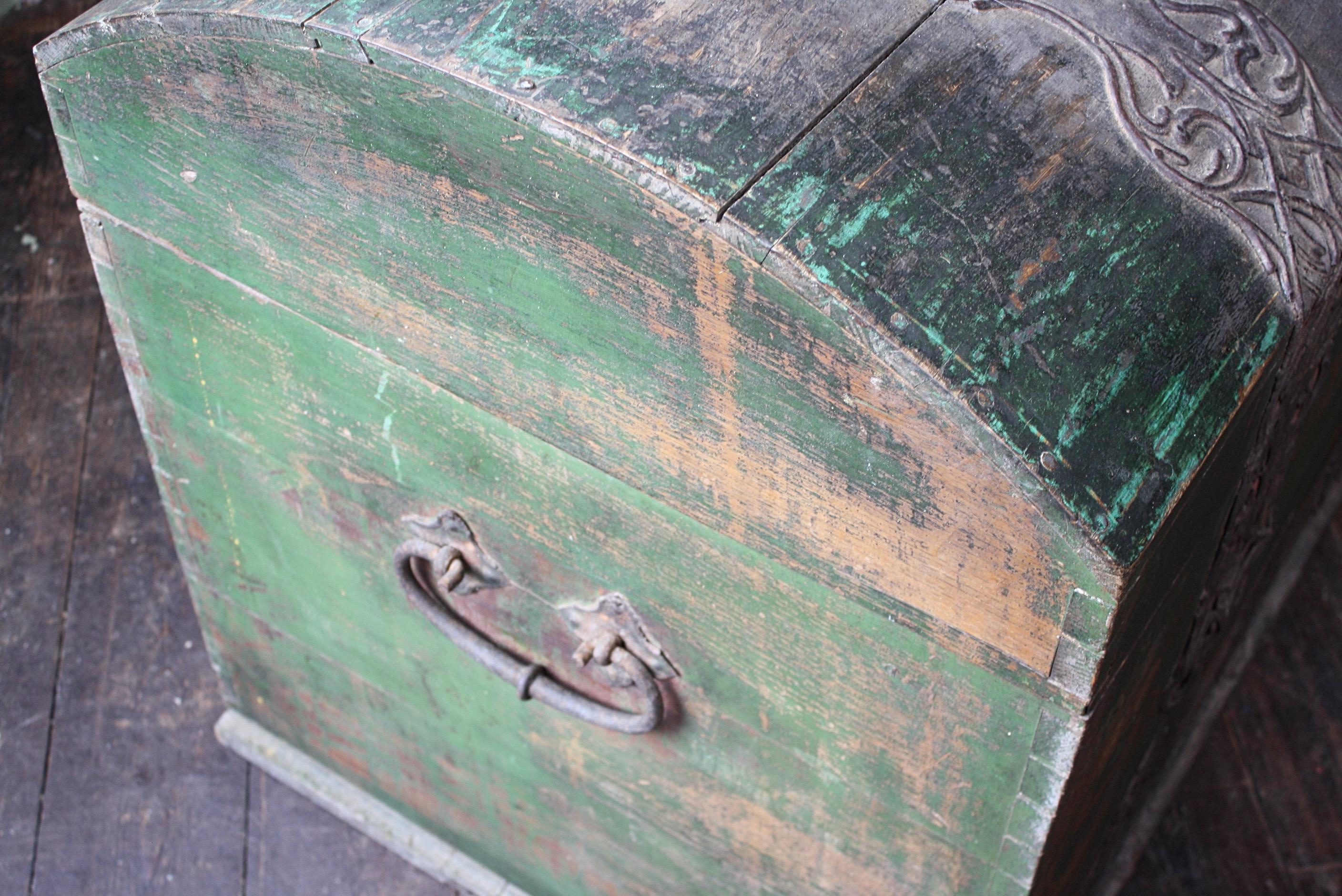 19th Century Huge Italian Domed Green Marriage Chest Trunk Ironwork 16