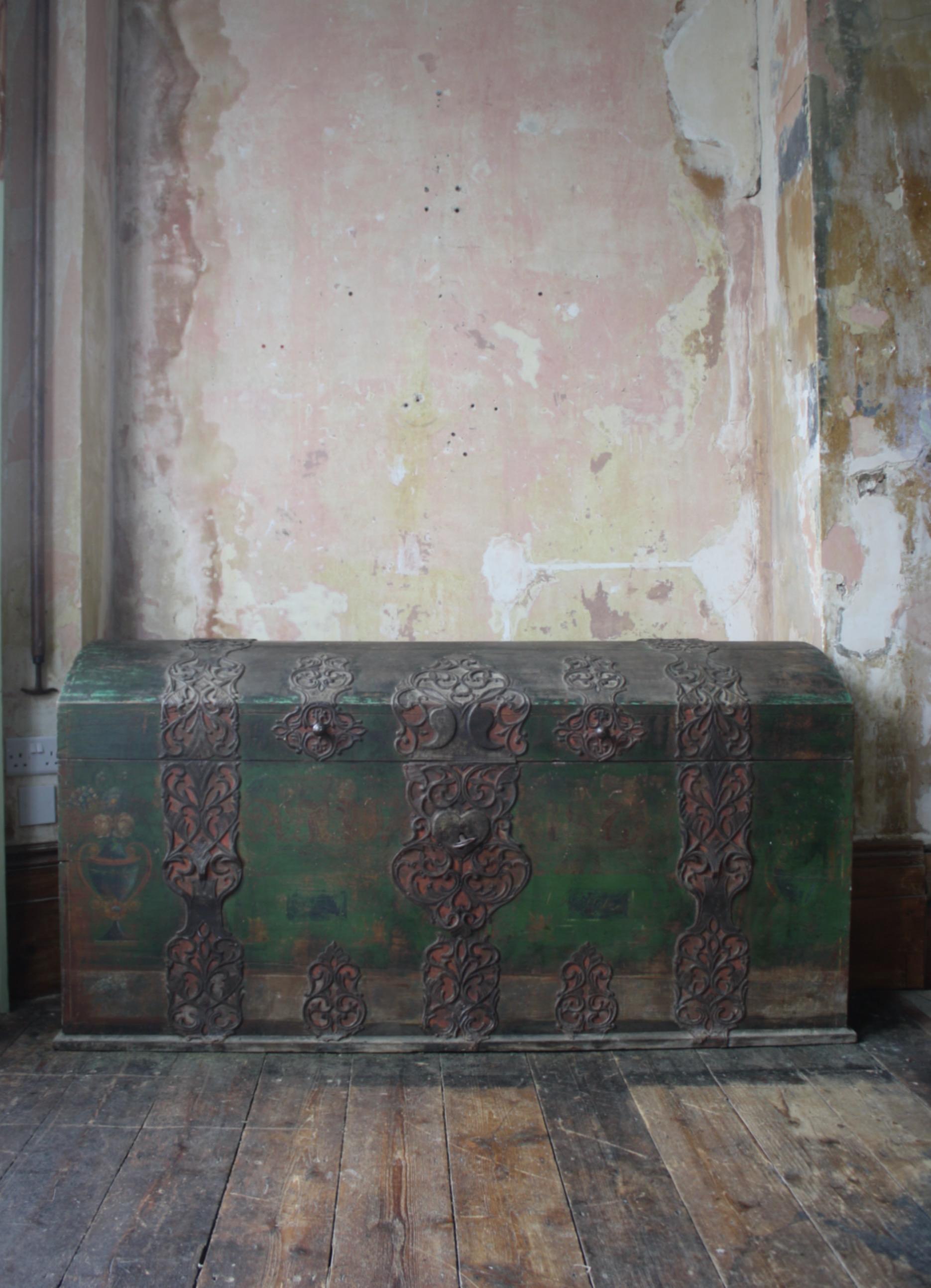 A huge 19th century Italian domed marriage chest, with its original pierced iron work, key and painted surface.

A wonderful spectrum of greens, obtains from years of sun bleaching, wear and human touch. 

The lock and key work perfectly, the