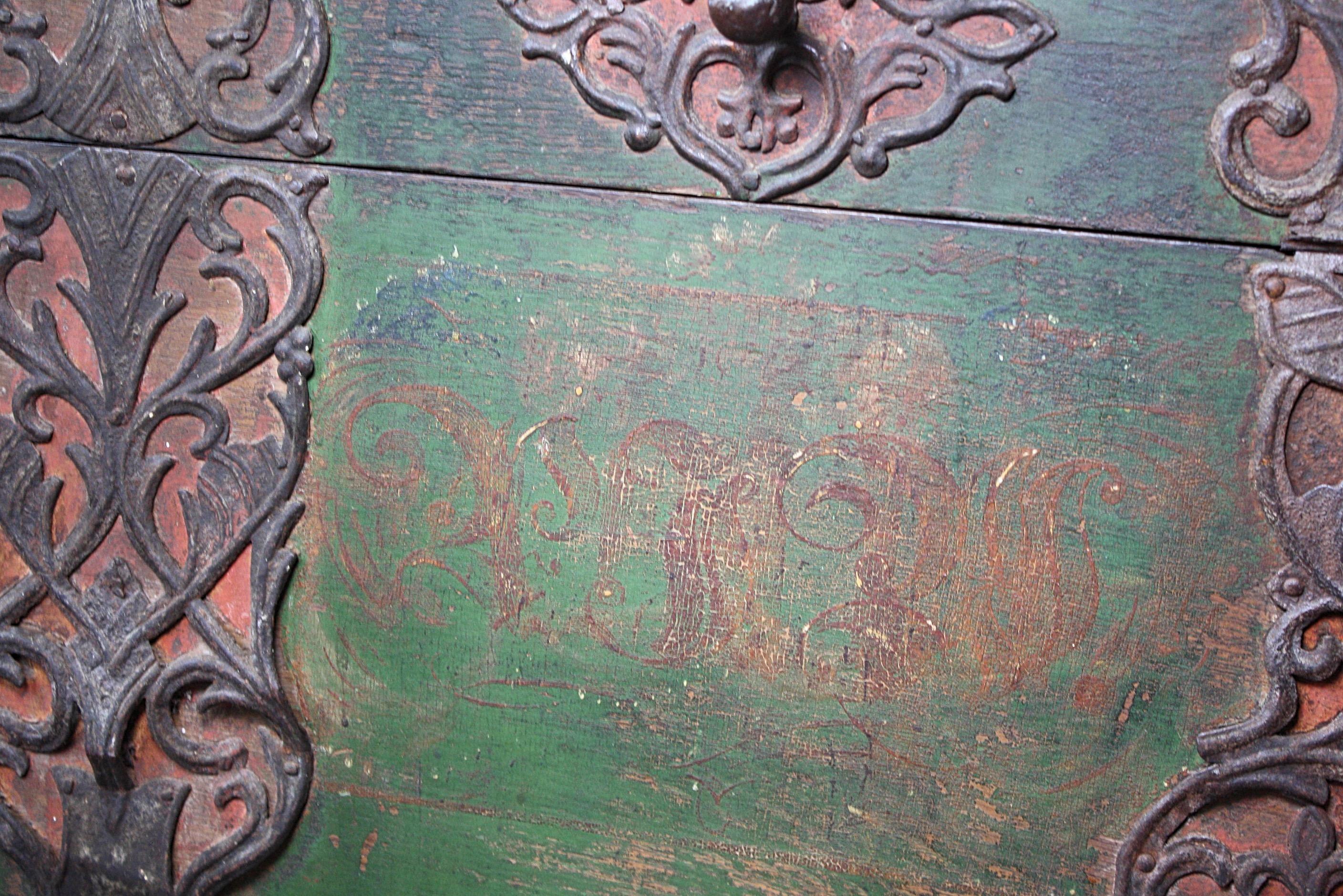 19th Century Huge Italian Domed Green Marriage Chest Trunk Ironwork 1