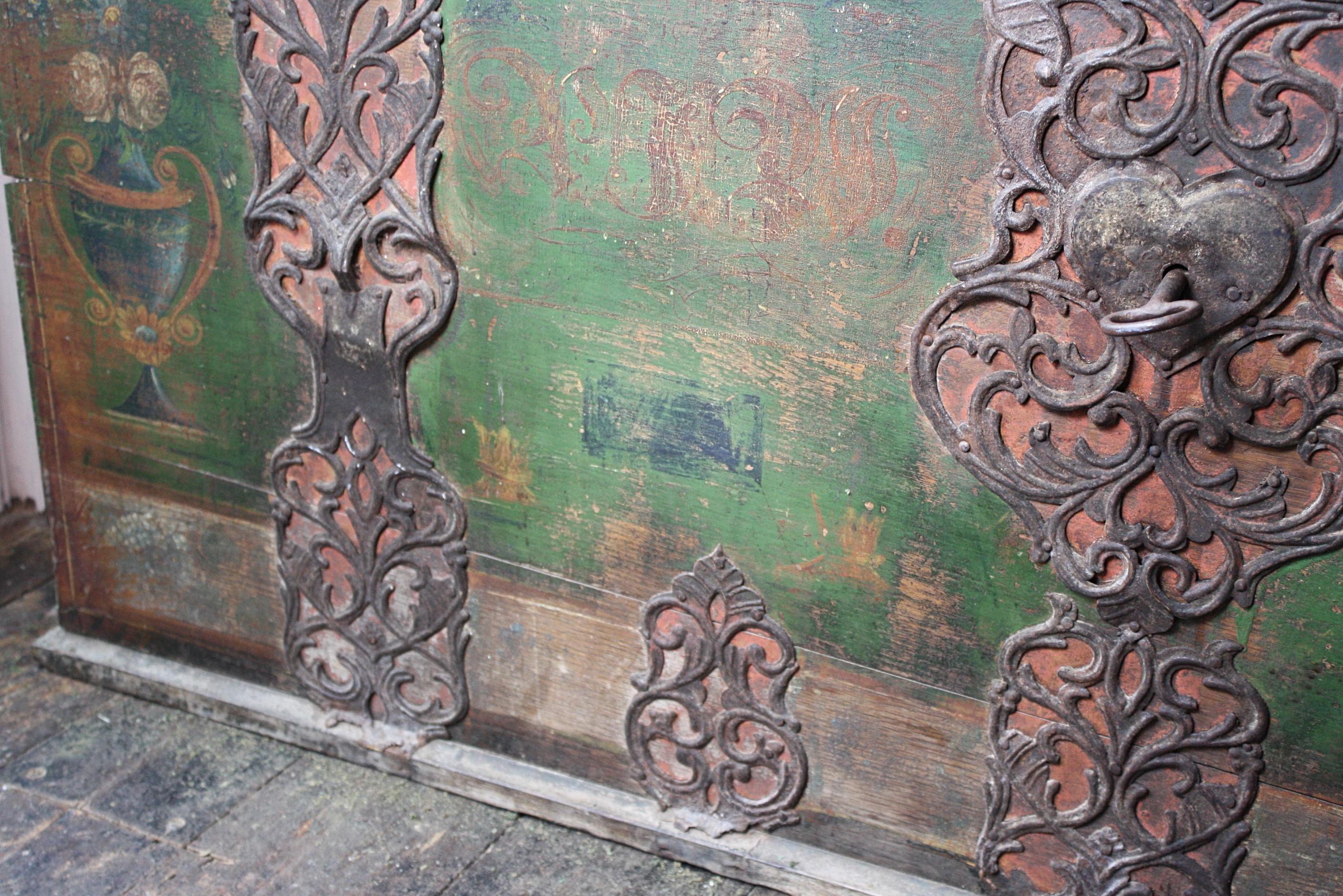 19th Century Huge Italian Domed Green Marriage Chest Trunk Ironwork 2