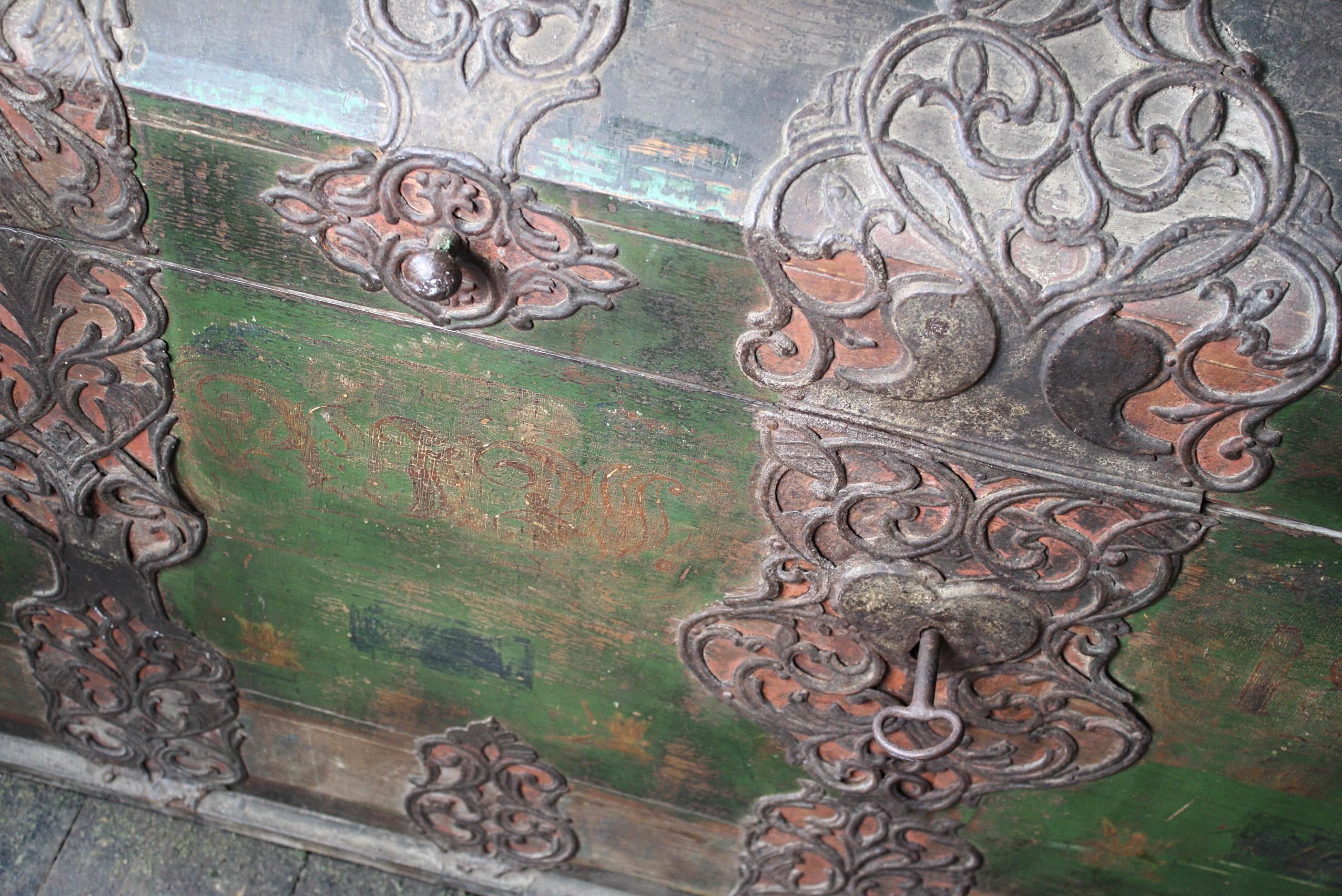 19th Century Huge Italian Domed Green Marriage Chest Trunk Ironwork 3