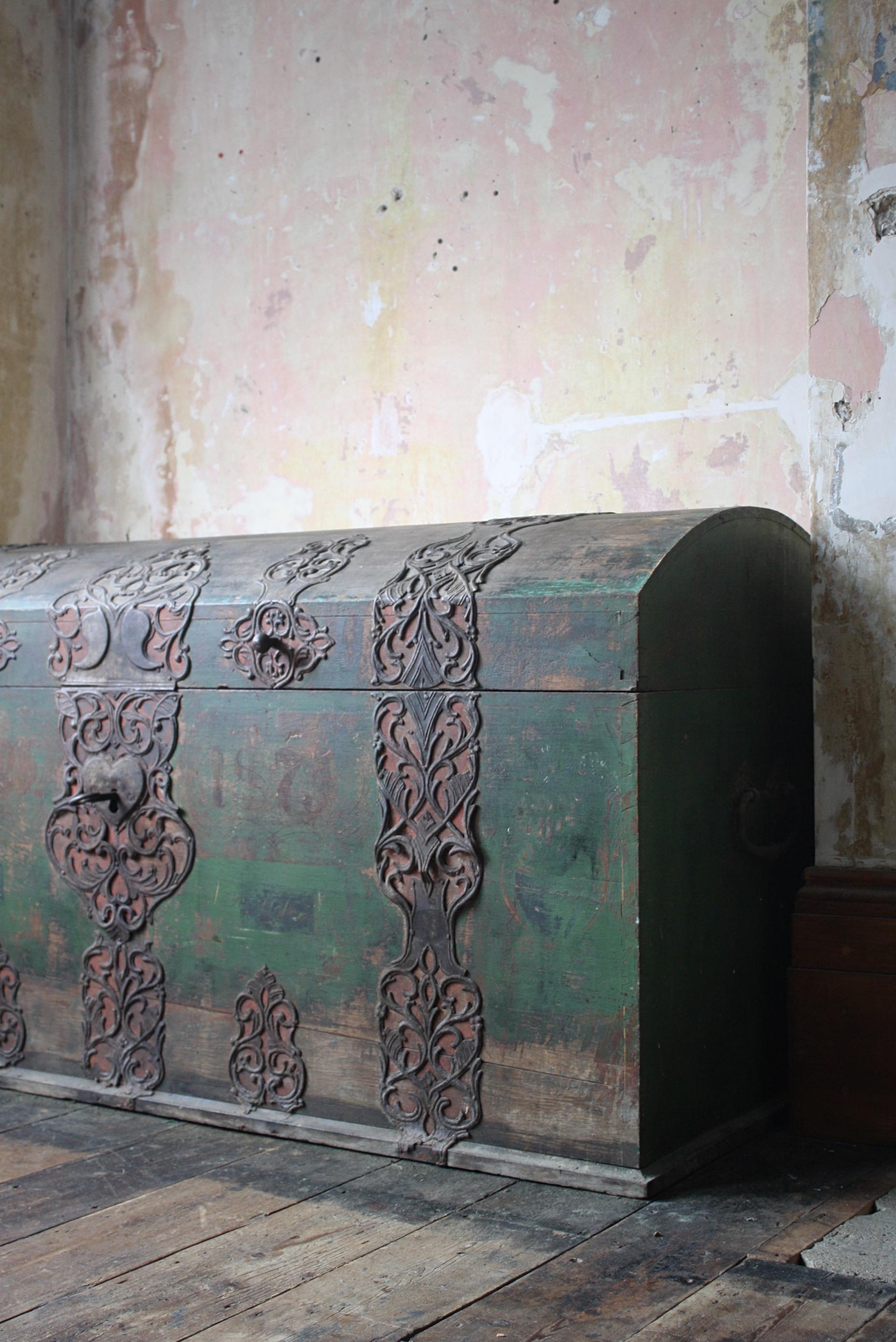19th Century Huge Italian Domed Green Marriage Chest Trunk Ironwork 4