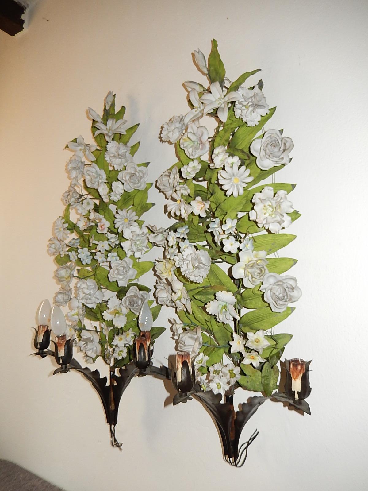 Late 19th Century 19th Century Huge Italian Tole and Bisque Porcelain Flowers Sconces