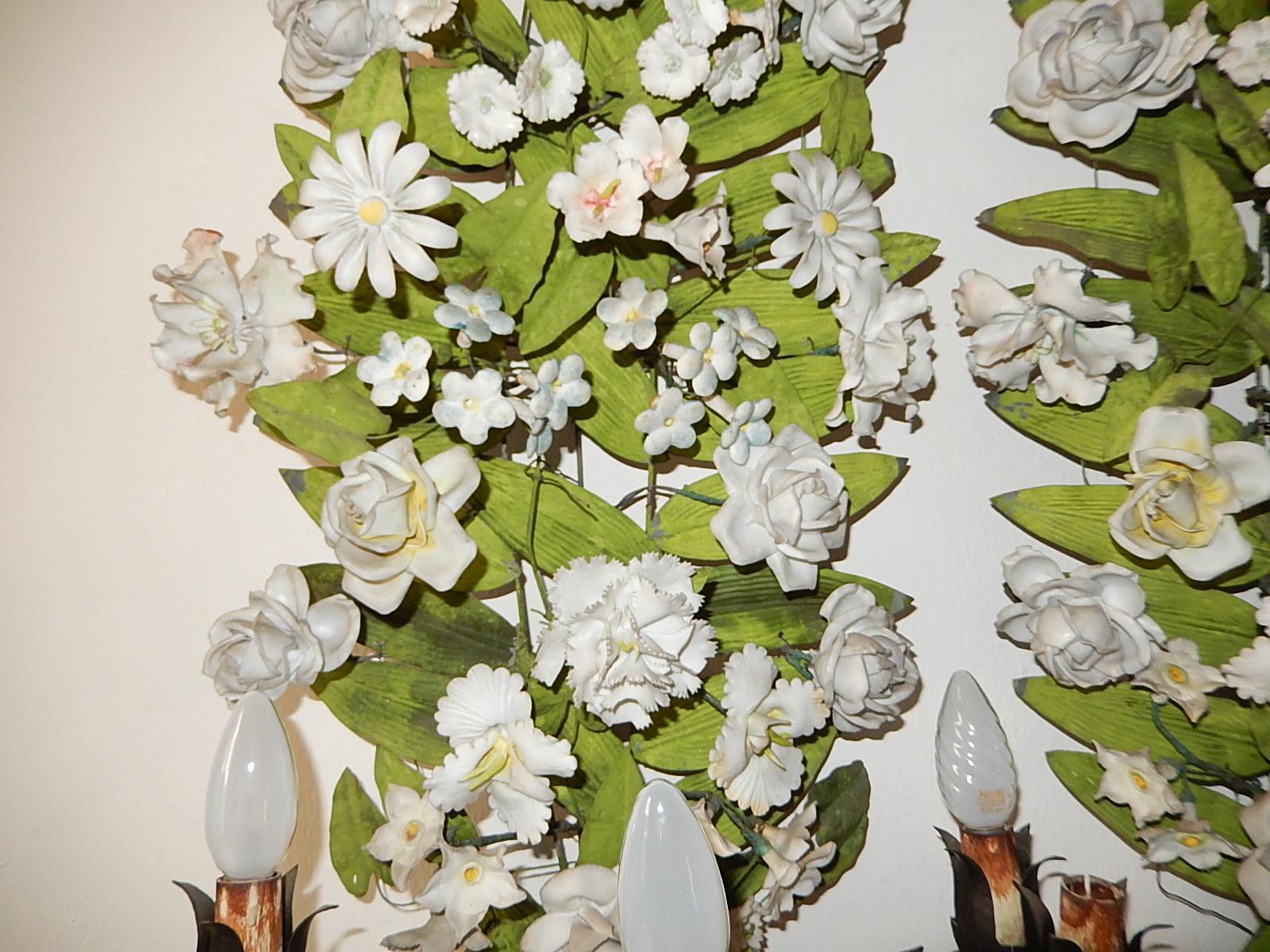 19th Century Huge Italian Tole and Bisque Porcelain Flowers Sconces 2