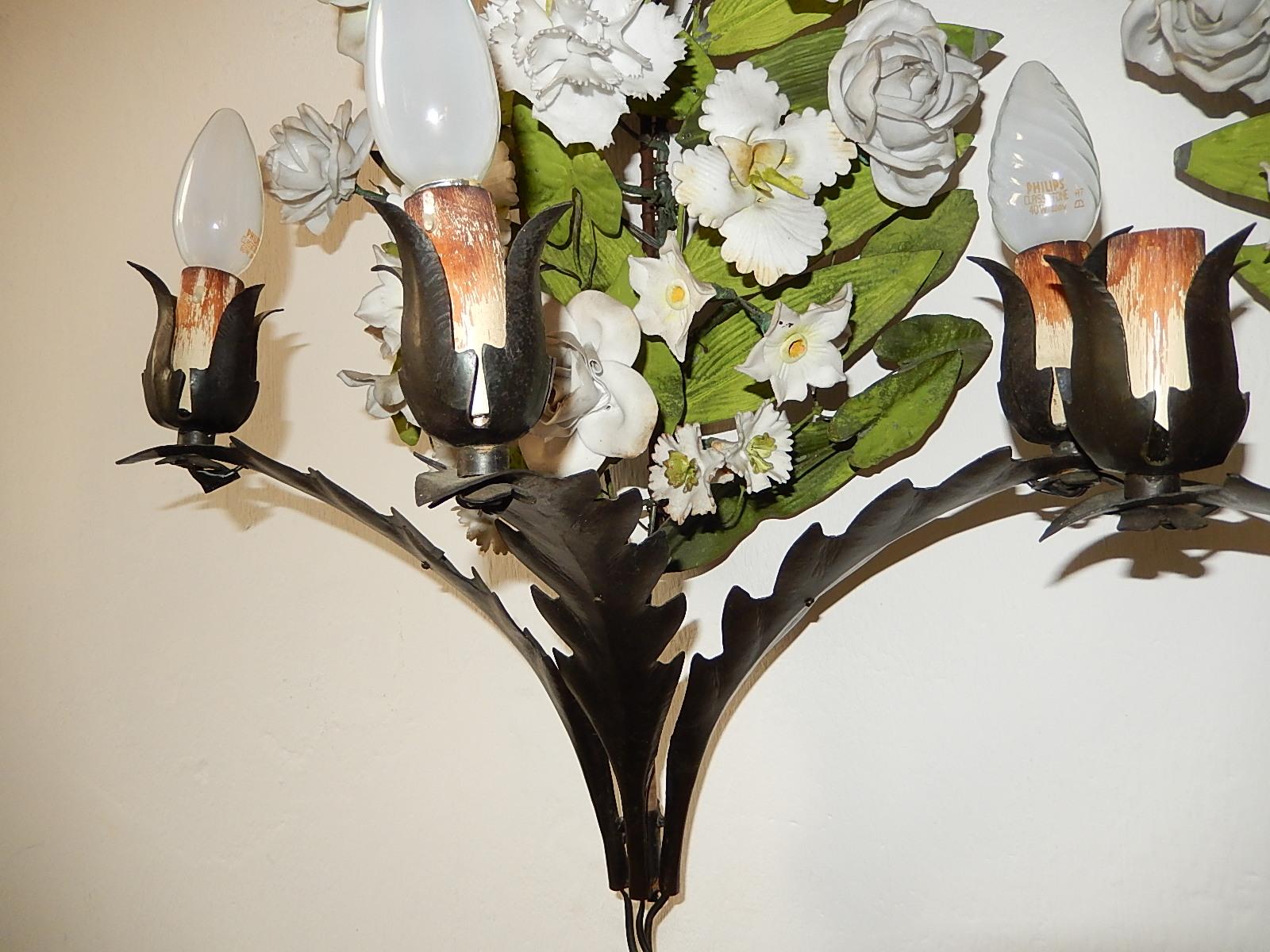 19th Century Huge Italian Tole and Bisque Porcelain Flowers Sconces 3