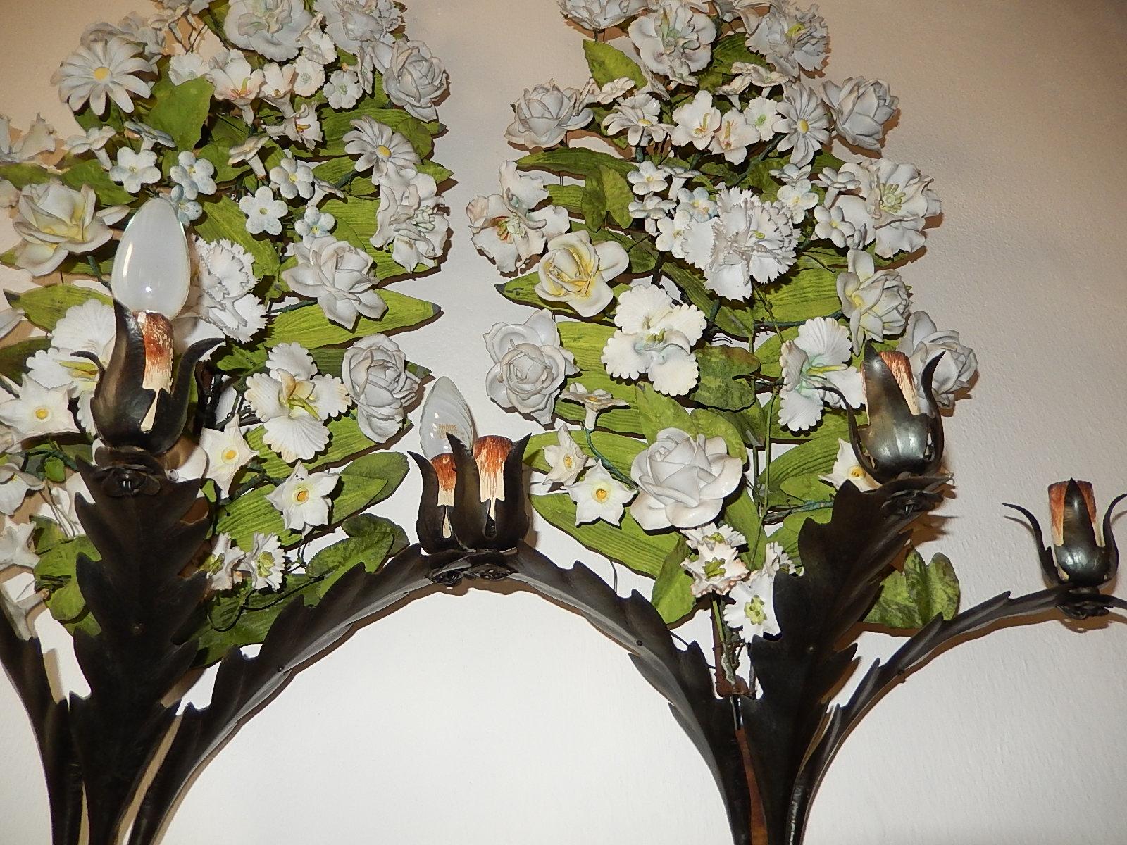 19th Century Huge Italian Tole and Bisque Porcelain Flowers Sconces 4