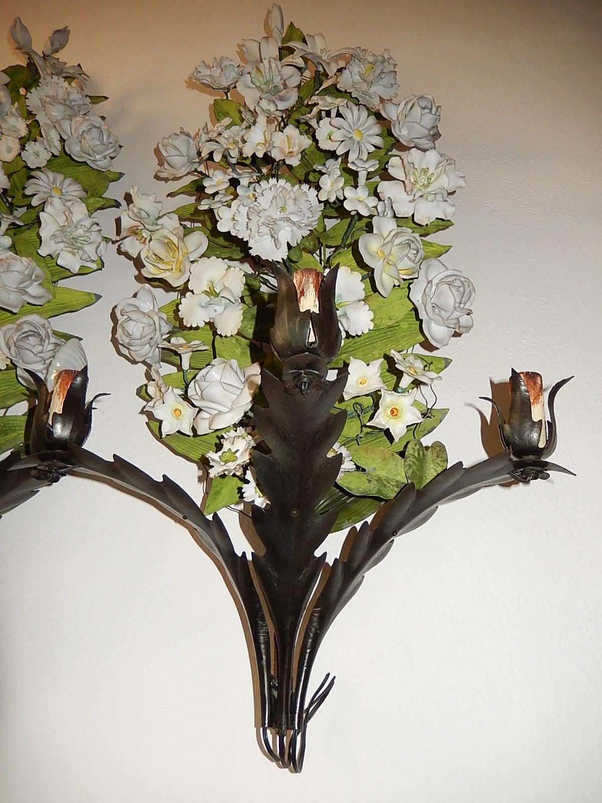 19th Century Huge Italian Tole and Bisque Porcelain Flowers Sconces 5