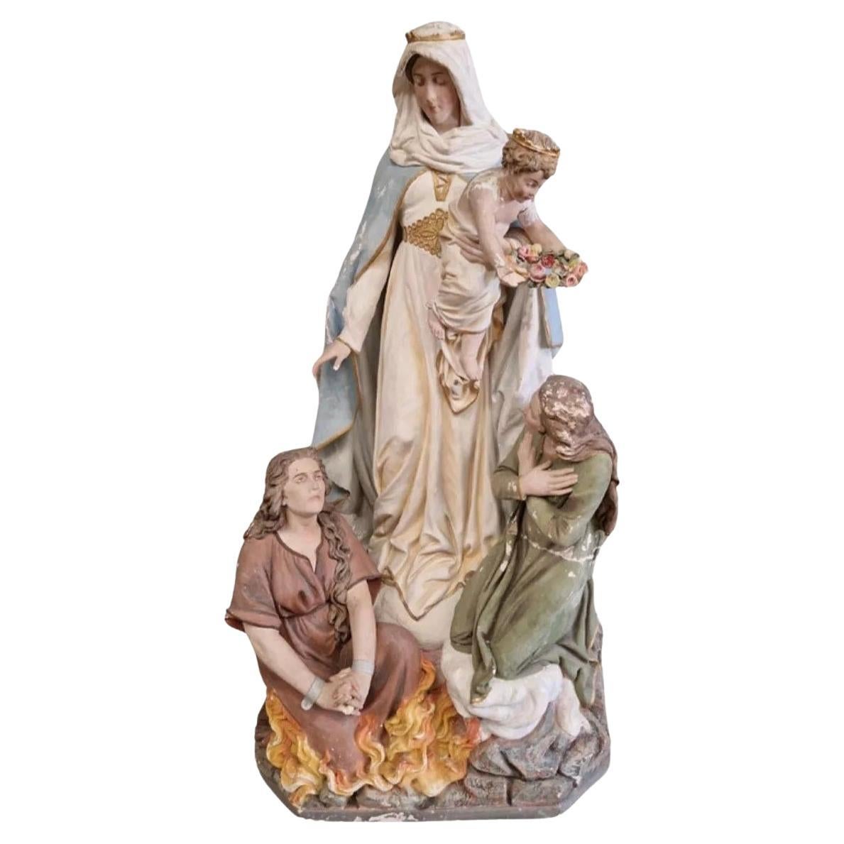 Enorme Estatua Religiosa de Iglesia del Siglo XIX Nuestra Señora del Purgatorio