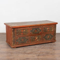 19th Century Hungarian Flat Top Original Hand Painted Pine Trunk