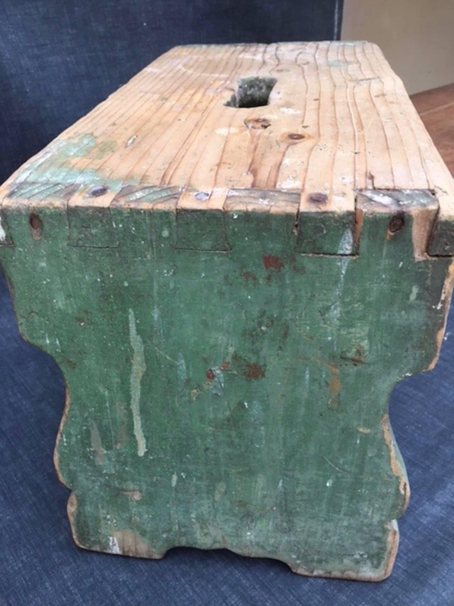 Hungarian farm stool used for milking cows, circa 1890. Solid pine retaining the original apple green paint with a lovely chalky patina gained from many years of use.
I love to use these stools as pedestals for plants and vases.