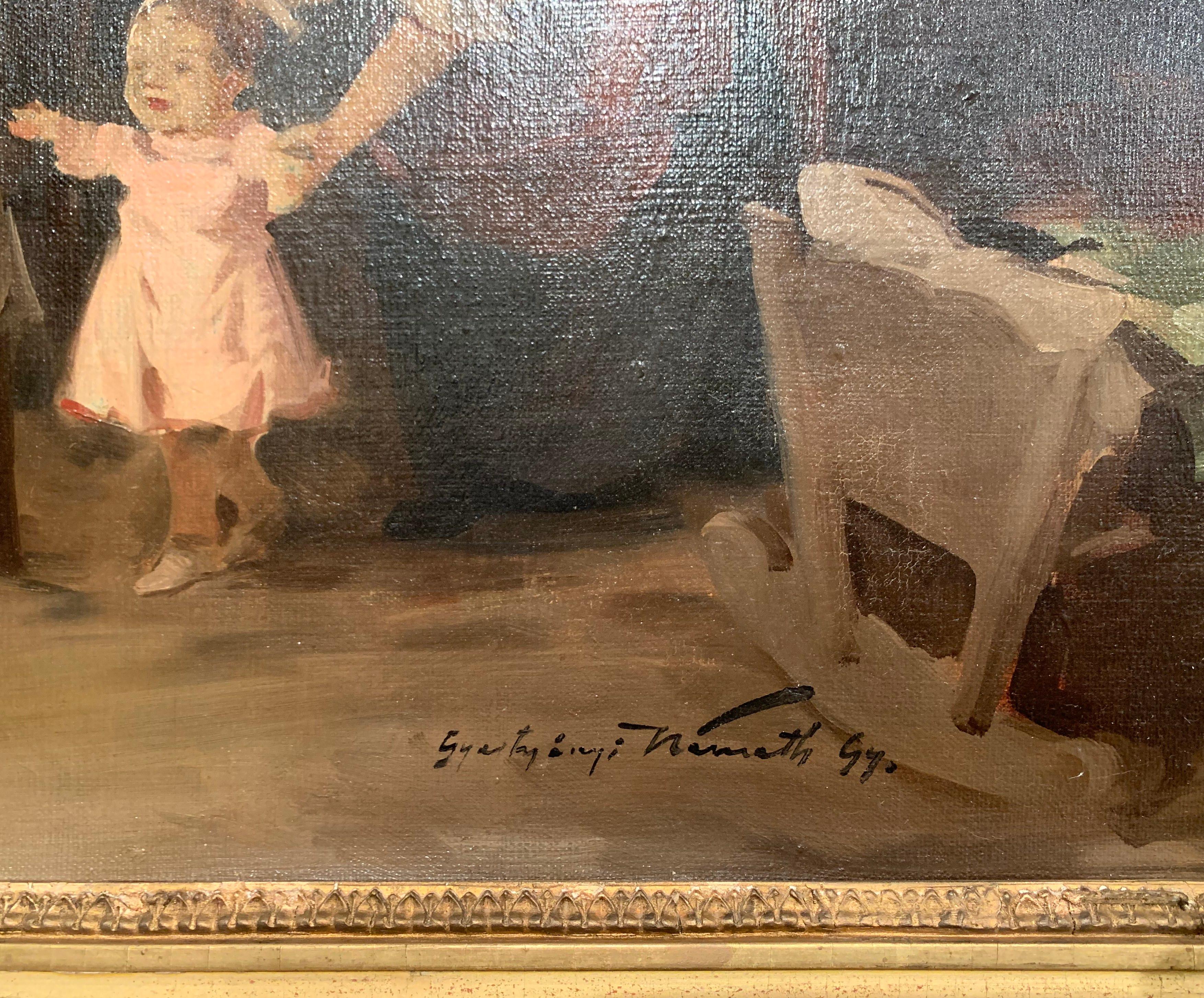 Doré Peinture hongroise du 19ème siècle à l'huile sur toile dans un cadre doré signé et daté:: 1897 en vente
