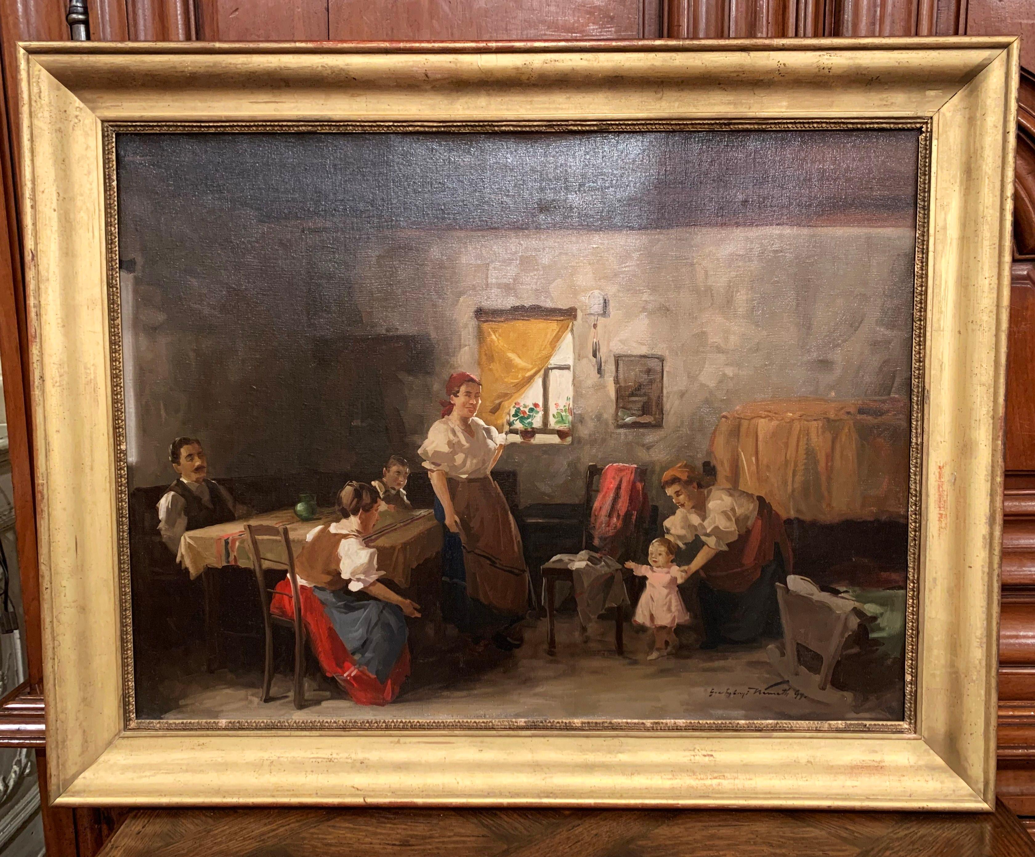 Peinture hongroise du 19ème siècle à l'huile sur toile dans un cadre doré signé et daté:: 1897 Excellent état - En vente à Dallas, TX